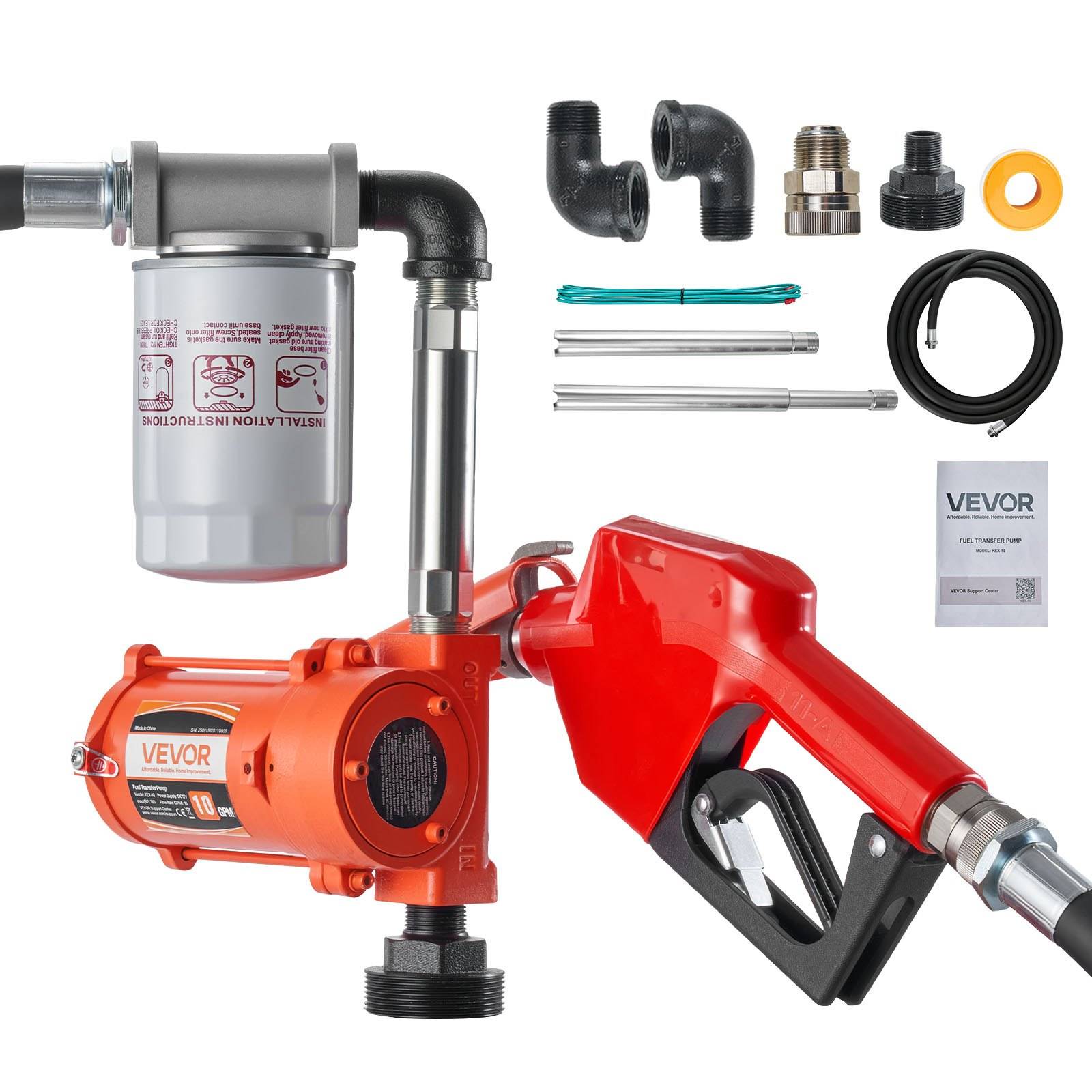 VEVOR elektrisches Umfüllpumpeset mit roter Kraftstoffdüse, Filter, Schläuchen, Verschraubungen und Zubehör auf weißem Hintergrund.