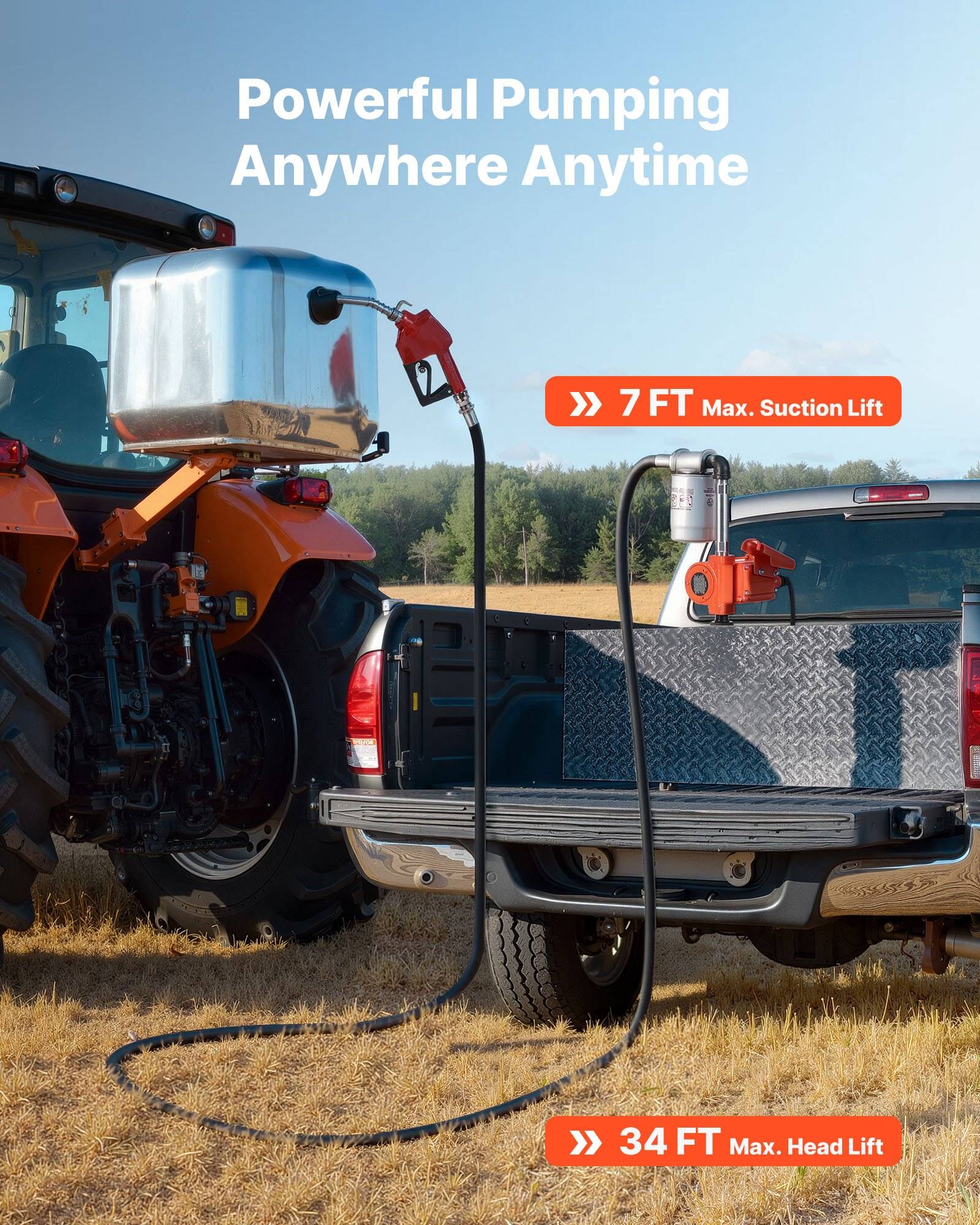 Traktorpumpe nutzt eine Umfüllpumpe, um Flüssigkeit in einem Feld in einen Ablagetank eines Pickup-Trucks zu befördern; Text hebt hervor „Kraftvolles Pumpen überall und jederzeit