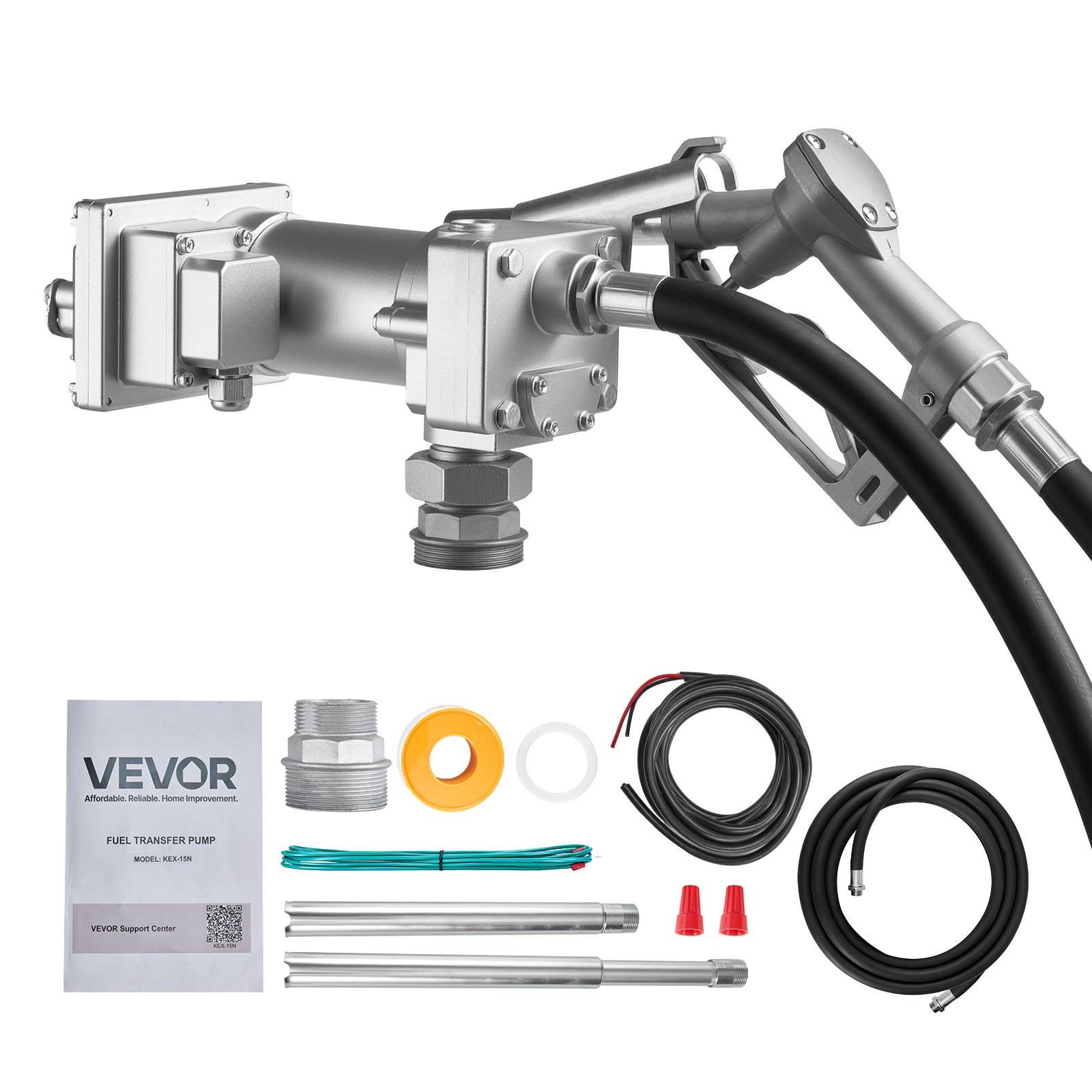 VEVOR Kraftstofftransferpumpen-Set mit silberner Pumpeneinheit, Schläuchen, Armaturen, Bedienungsanleitung und beiliegenden Zubehörteilen, ausgelegt auf weißem Hintergrund.