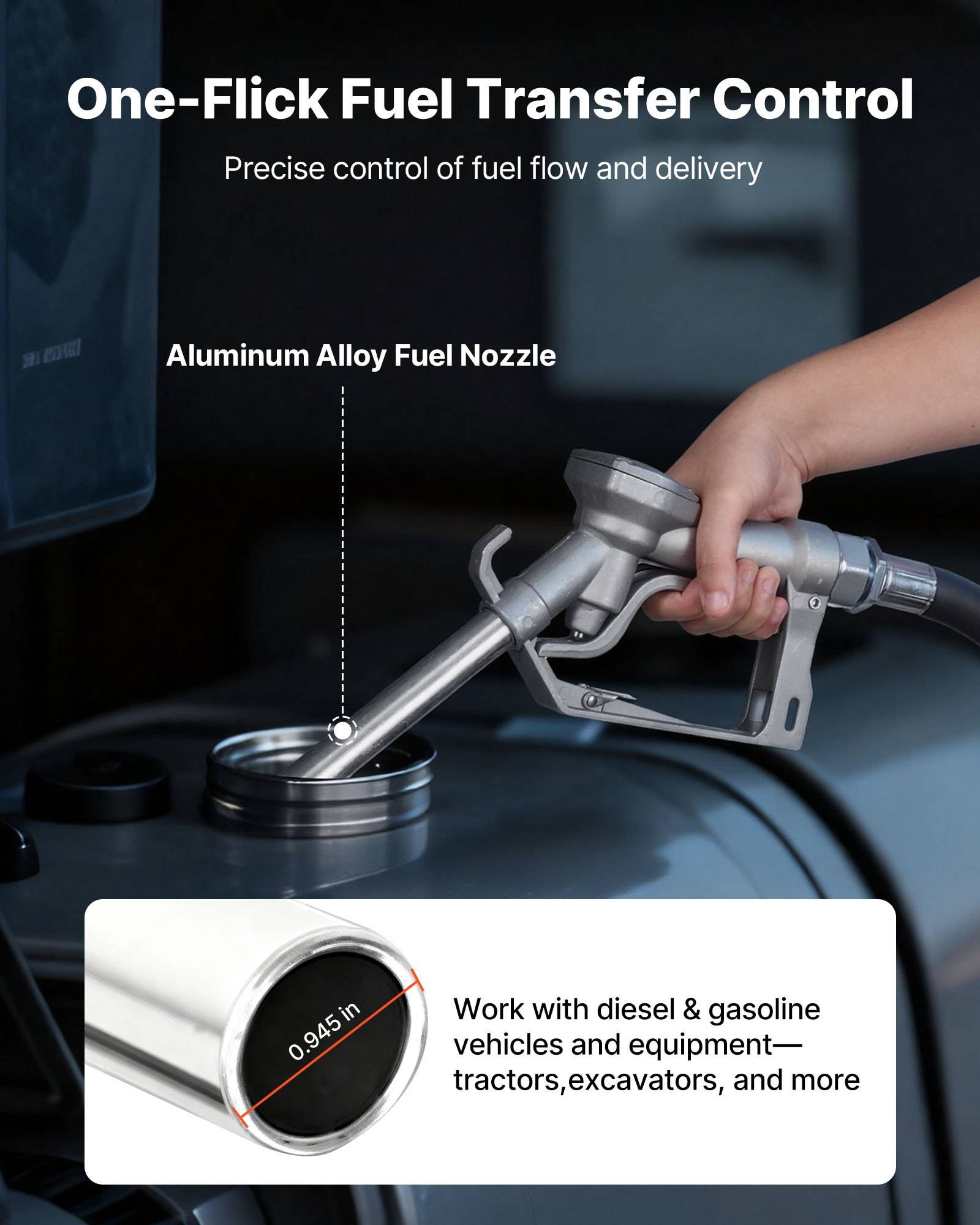 Kraftstoffzapfpistole wird in einen Behälter eingeführt, gekennzeichnet mit „One-Flick Fuel Transfer Control