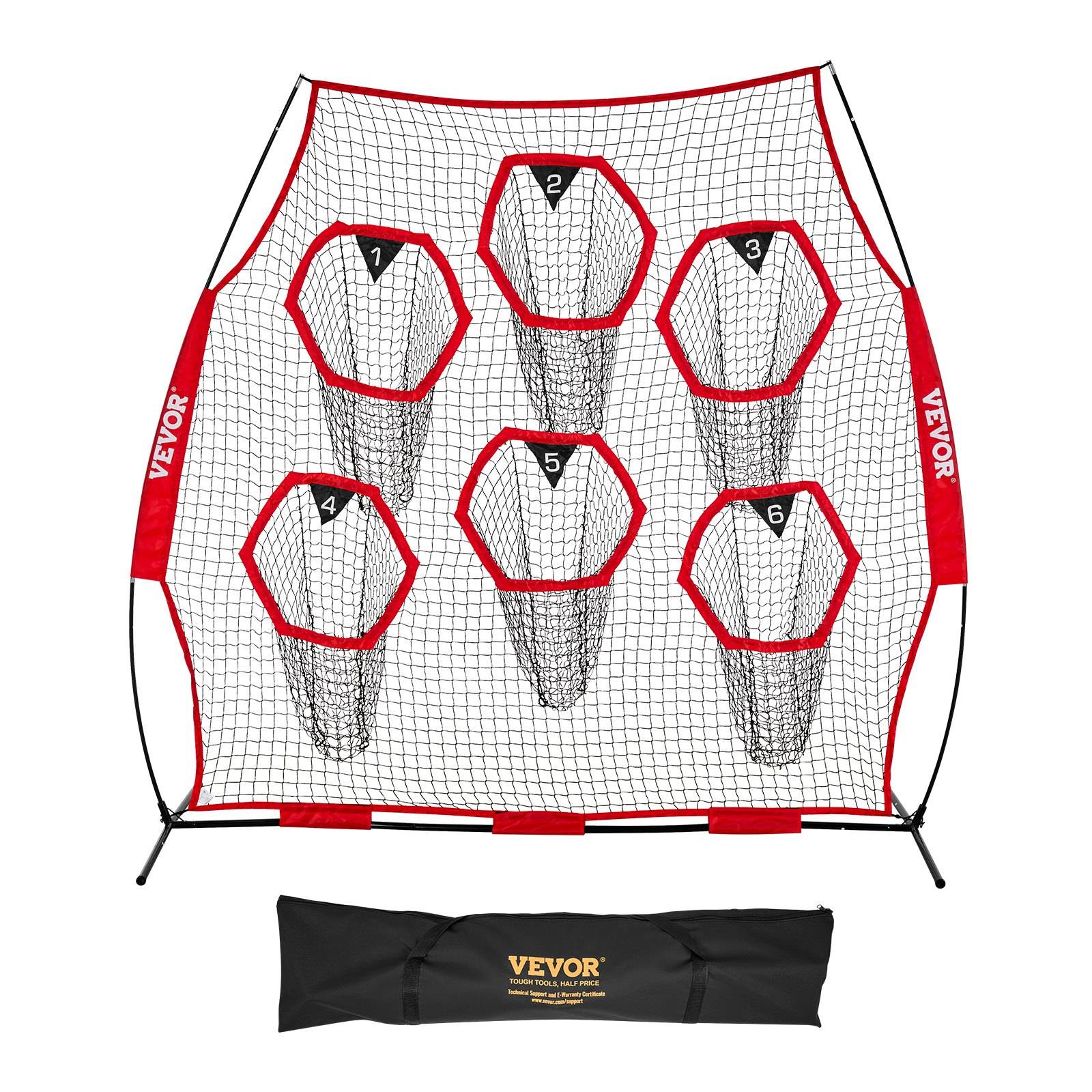 Tragbares VEVOR-Fußballtor mit sechs nummerierten Zieltaschen im Netz und einer Tragetasche darunter.
