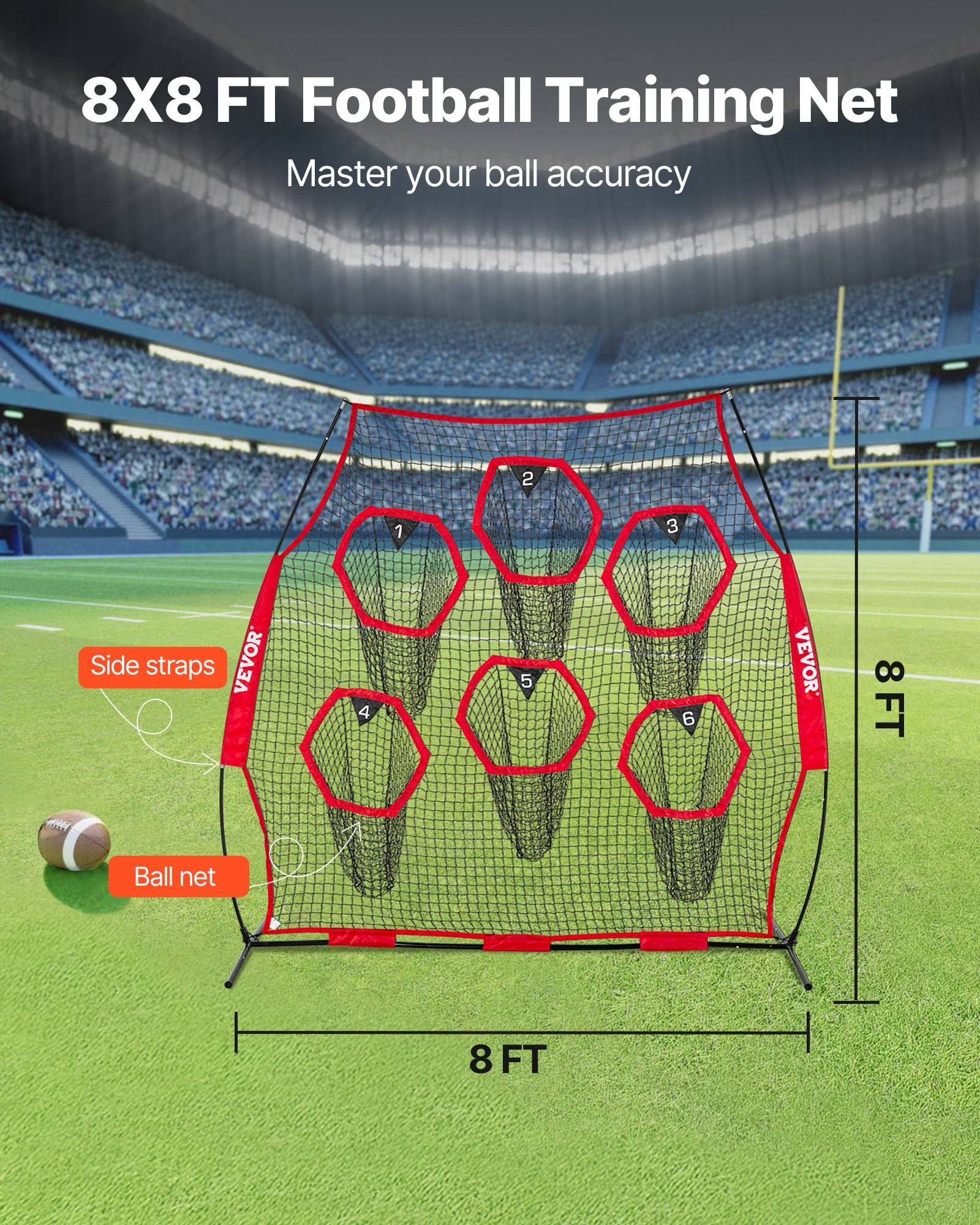8x8 Fuß Fußball-Trainingsnetz mit sechs nummerierten Zielöchern und einem Ballnetz, gezeigt auf einem Stadionfeld mit Seitengurten und beschrifteten 8-Fuß-Abmessungen.
