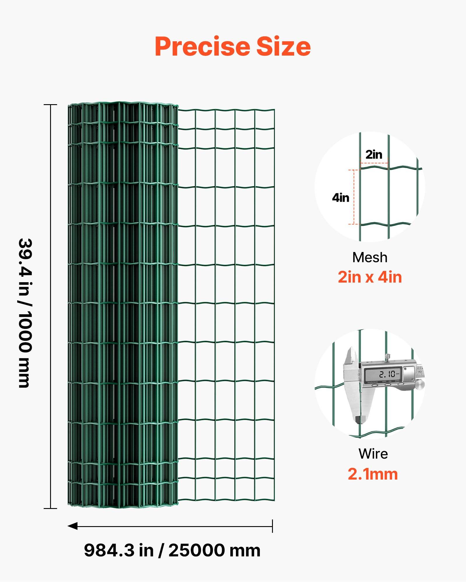 Produktdiagramm zeigt aufgerolltes Schweißdrahtgeflecht: 39,4 Zoll x 984,3 Zoll, mit 2 x 4 Zoll Maschenweite und 2,1 mm Drahtdicke.
