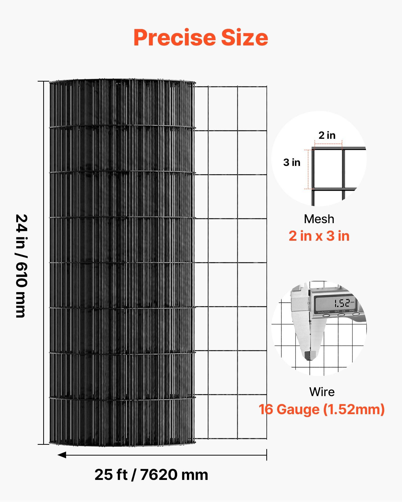 Produktgrößendiagramm mit einer Drahtgeweberolle von 24 Zoll/610 mm mal 25 Fuß/7620 mm, mit 2 Zoll x 3 Zoll Maschenweite und 16er Gauge (1,52 mm) Draht.