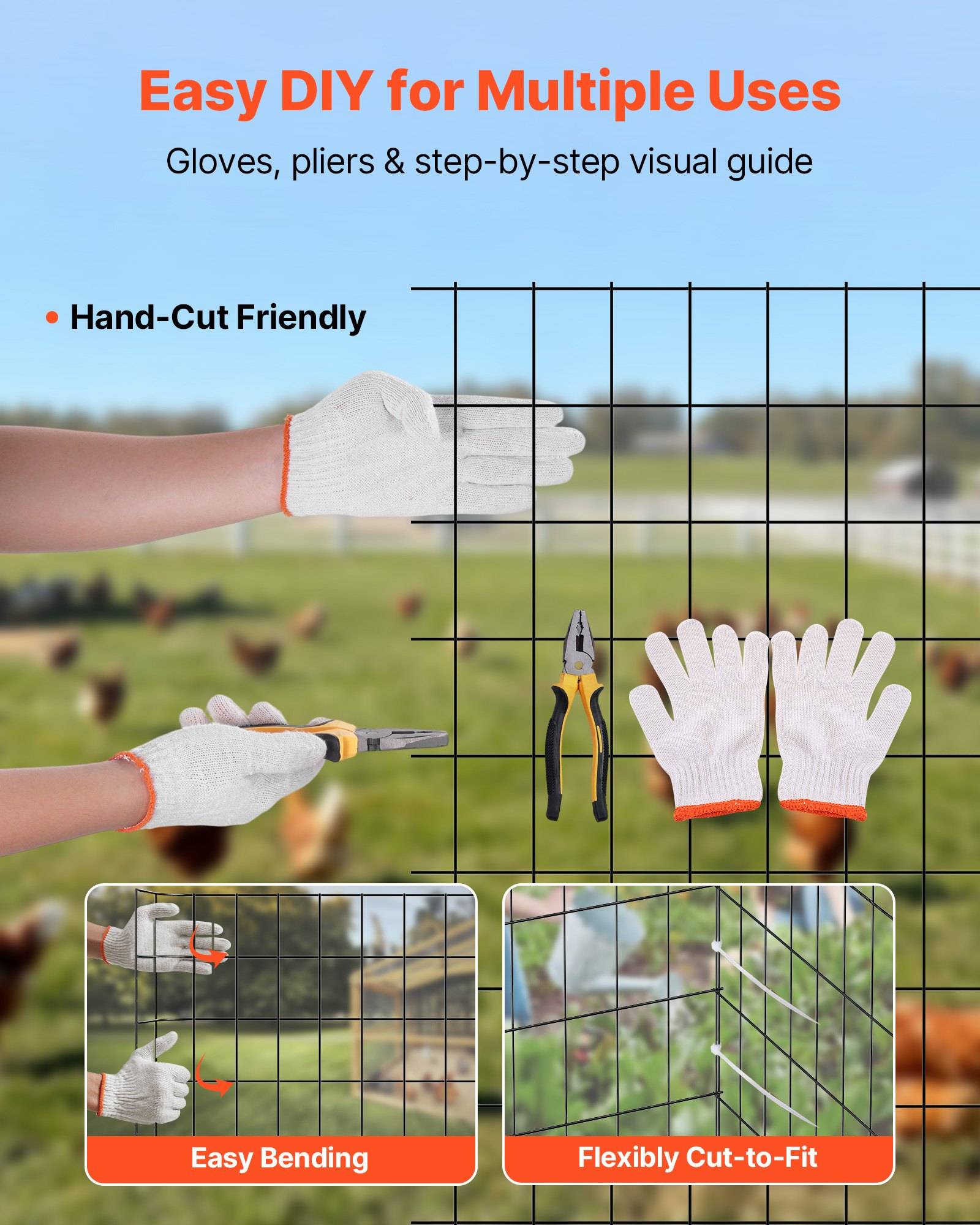 Werbebild mit Handschuhen, Zangen und Schritt-für-Schritt-Anleitung für die DIY-Verwendung von Zaunnetz, mit Hervorhebung der Eigenschaften handfreundlich zu schneiden, einfach zu biegen und flexible Zuschneidbarkeit.