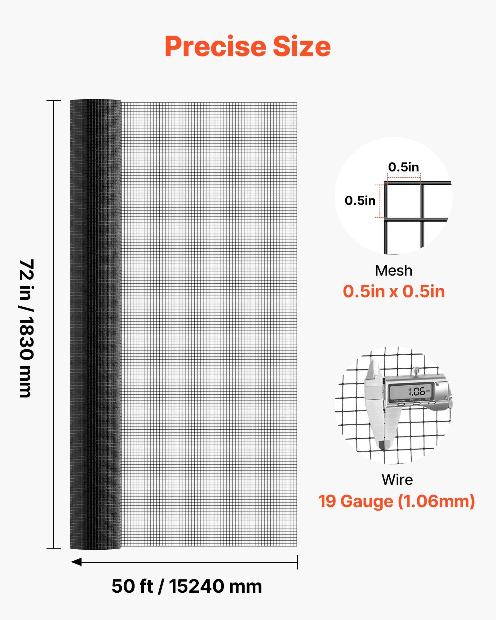 Produktgrößengrafik für Maschenrolle: 72 Zoll x 50 Fuß, mit 0,5 Zoll x 0,5 Zoll Maschengröße und 19er Gauge Draht (1,06 mm).