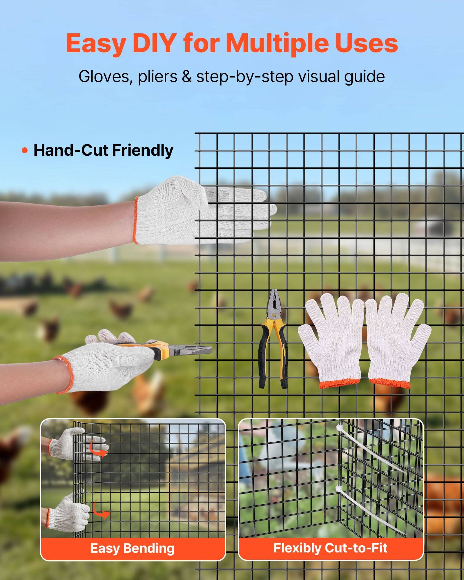 Werbebild, das behandschuhte Hände zeigt, die Drahtgitter mit Zangen schneiden und biegen, mit der Beschriftung „Einfaches DIY für vielfältige Verwendung" und „Handschnitt-freundlich"", mit Einsätzen für „Einfaches Biegen"" und „Flexibel zuschneidbar"".