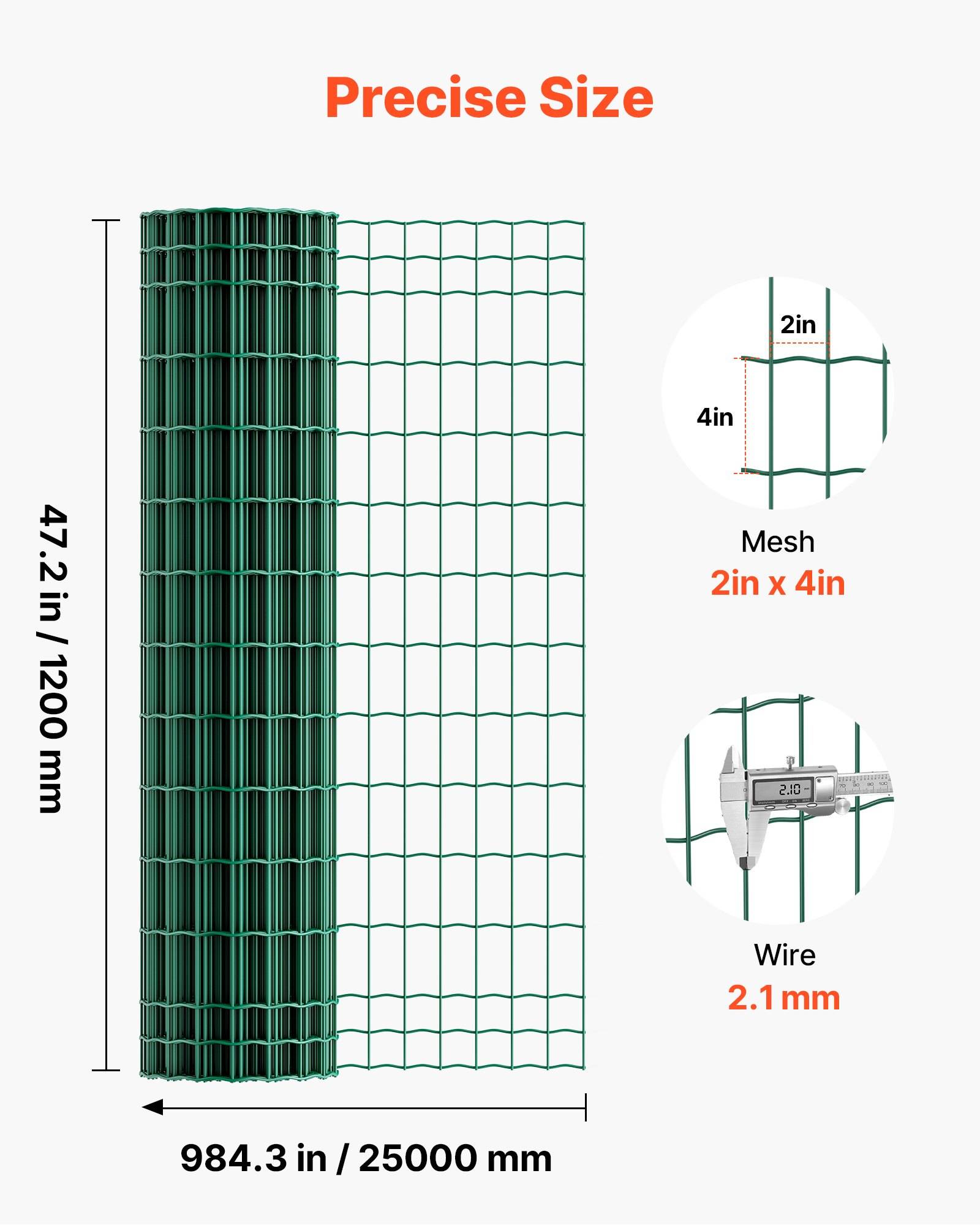Produktgrößendiagramm für grünes Drahtgeflecht-Zaun mit einer Höhe von 47,2 Zoll/1200 mm und einer Breite von 984,3 Zoll/25000 mm, mit einer Maschenweite von 2 Zoll x 4 Zoll und einer Drahtdicke von 2,1 mm.