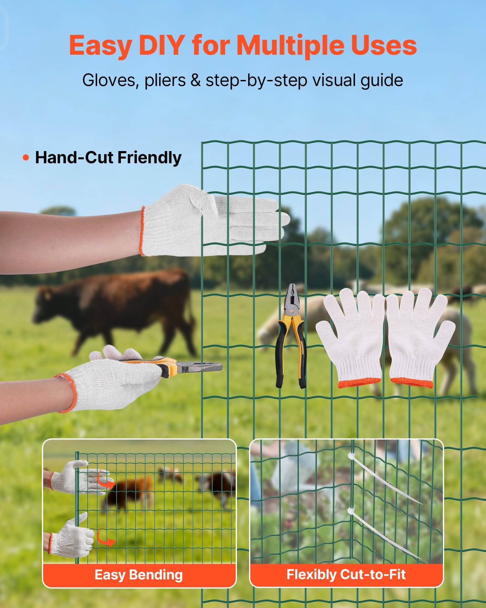 Werbegrafik zeigt die Installation von Maschendrahtzaun mit Handschuhen und Zange, gekennzeichnet mit „Handschnitt-freundlich", „Leichtes Biegen"" und „Flexibel zuschneidbar"" unter „Einfaches DIY für vielfältige Verwendung"".