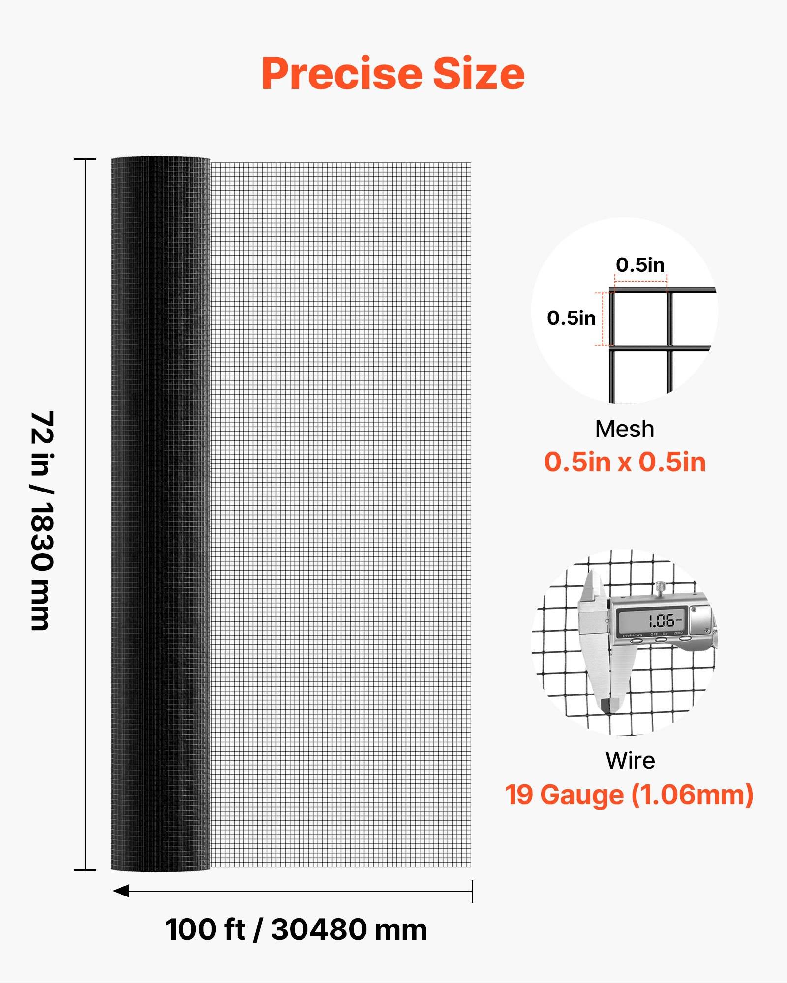 Produktdiagramm mit Maßen der Drahtgeweberol​le: 72 Zoll hoch, 100 Fuß lang, 0,5 Zoll x 0,5 Zoll Maschenweite, 19er Stärke (1,06 mm) Draht.