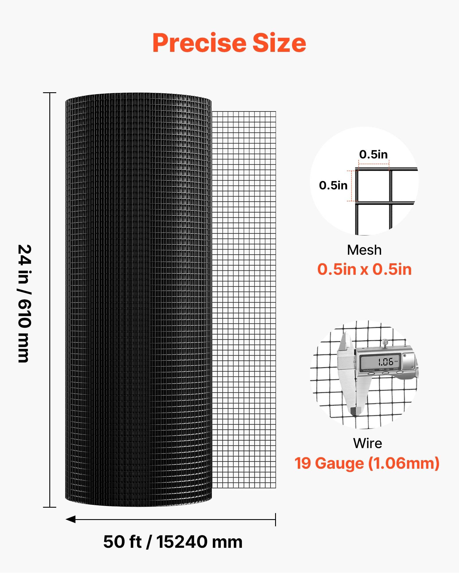 Produktgrößendiagramm, das eine schwarze Drahtgewebrolle zeigt, 24 Zoll/610 mm hoch und 50 Fuß/15240 mm lang, mit 0,5 Zoll x 0,5 Zoll Maschenweite und 19er Draht (1,06 mm).