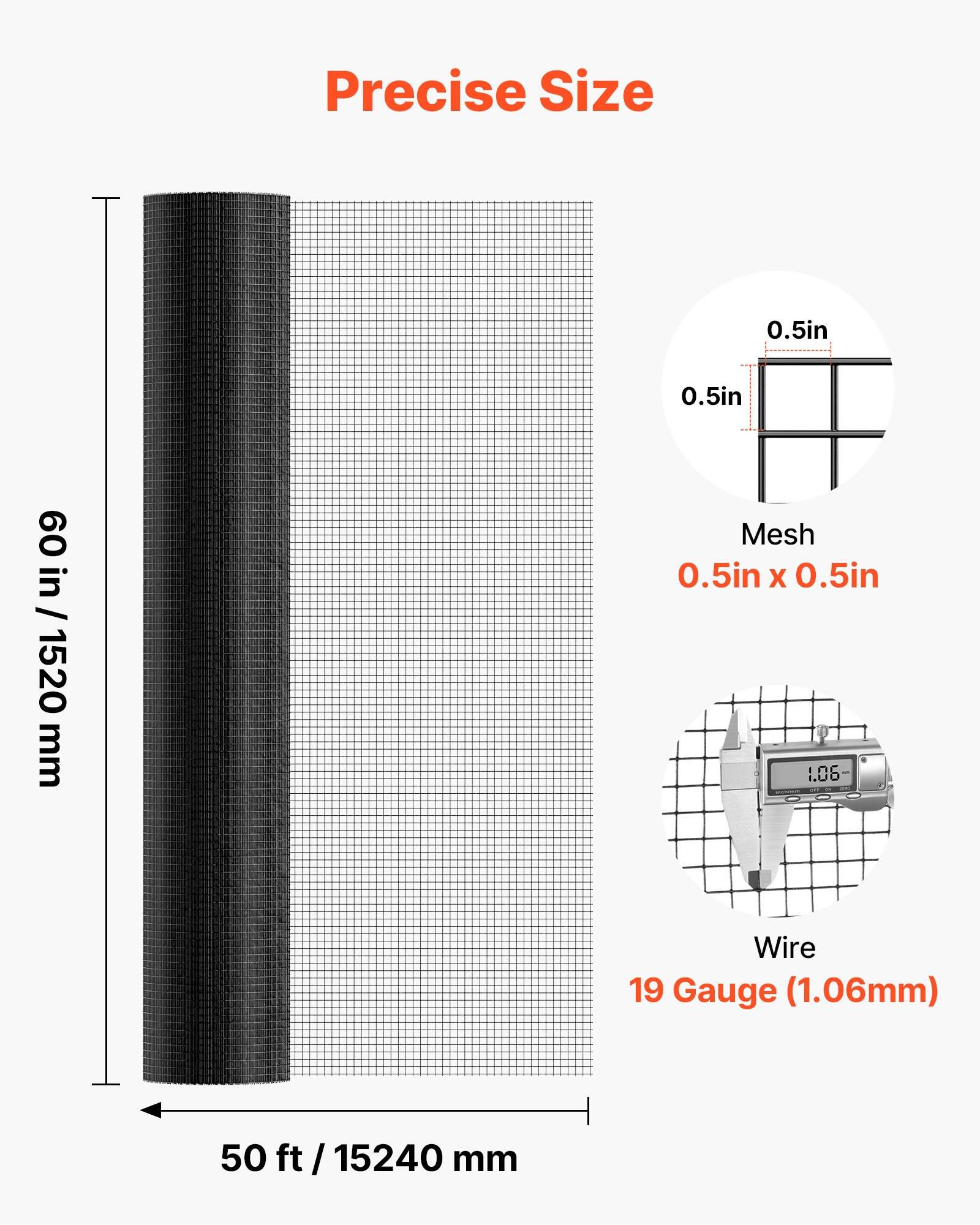 Produktgrafik zeigt eine 50 Fuß x 60 Zoll schwarze Maschenrolle. Legenden geben 0,5 Zoll x 0,5 Zoll Maschenweite und 19er Draht (1,06 mm) an.