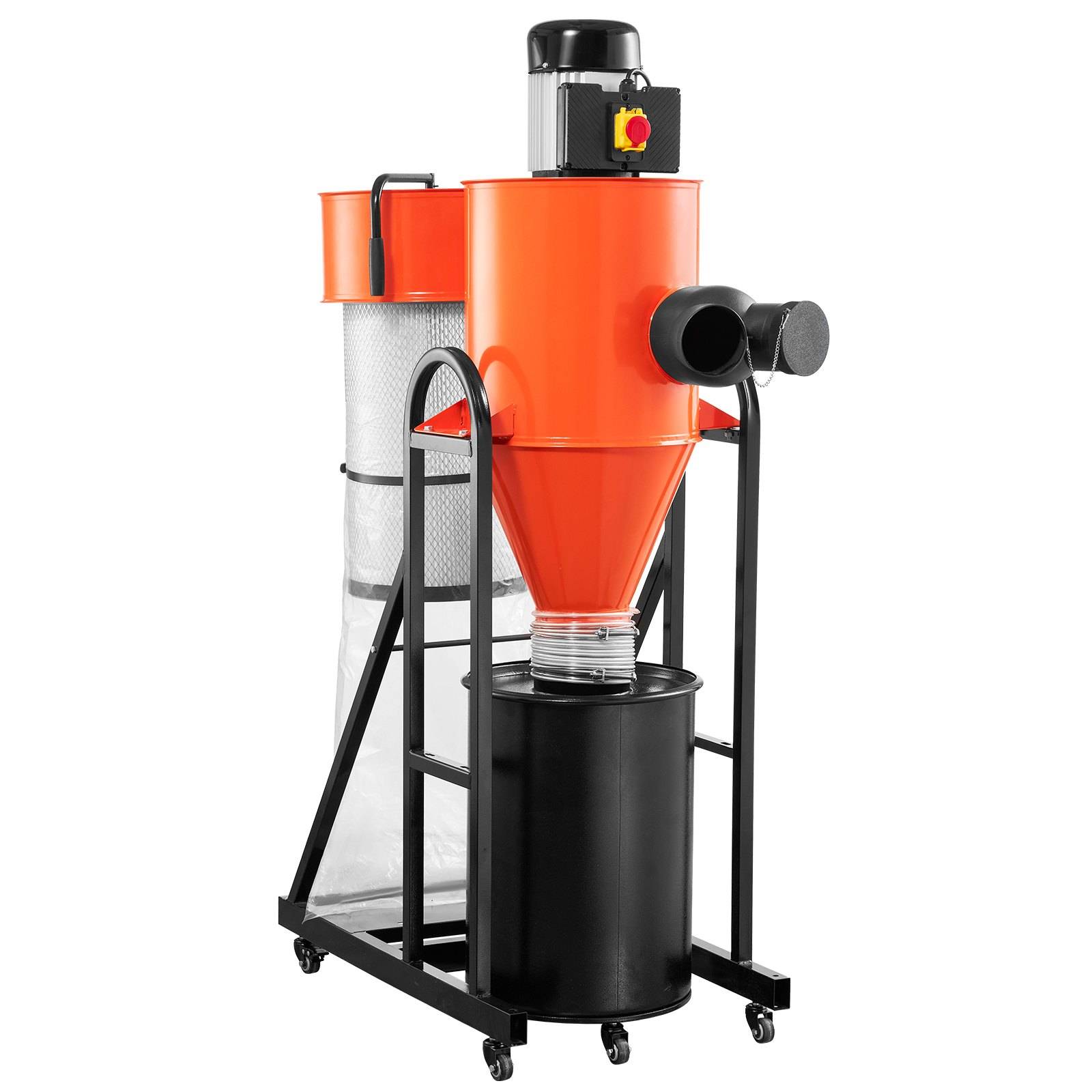 Orange-schwarzer Industrie-Staubsammler mit schwarzem Rahmen, Motor, Filterbeutel und Sammeltrommel auf Rollen.