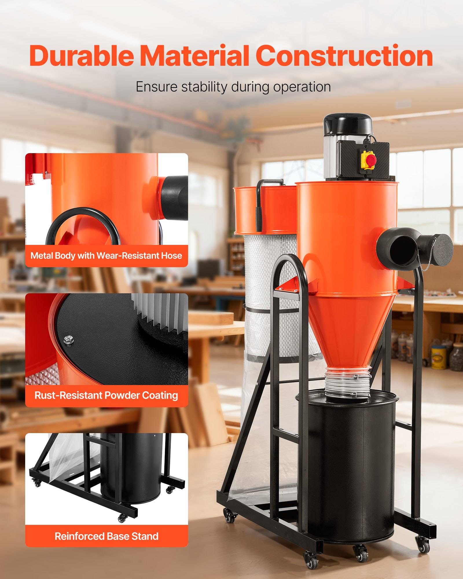 Marketing-Grafik eines orangefarbenen Industriestaubsammlers mit Beschriftungen: Metallgehäuse mit verschleißfester Schlauch, rostbeständige Pulverbeschichtung, verstärkte Basisständer, und Text „Langlebige Materialkonstruktion