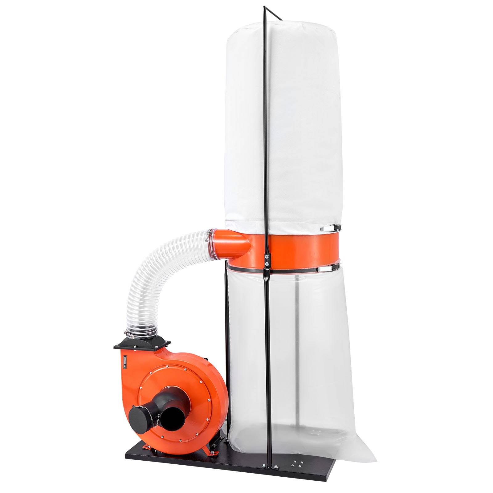 Tragbarer Staubsammler mit orangem Gebläse und durchsichtiger Sammelschutztasche auf schwarzem Rahmen, auf weißem Hintergrund dargestellt.