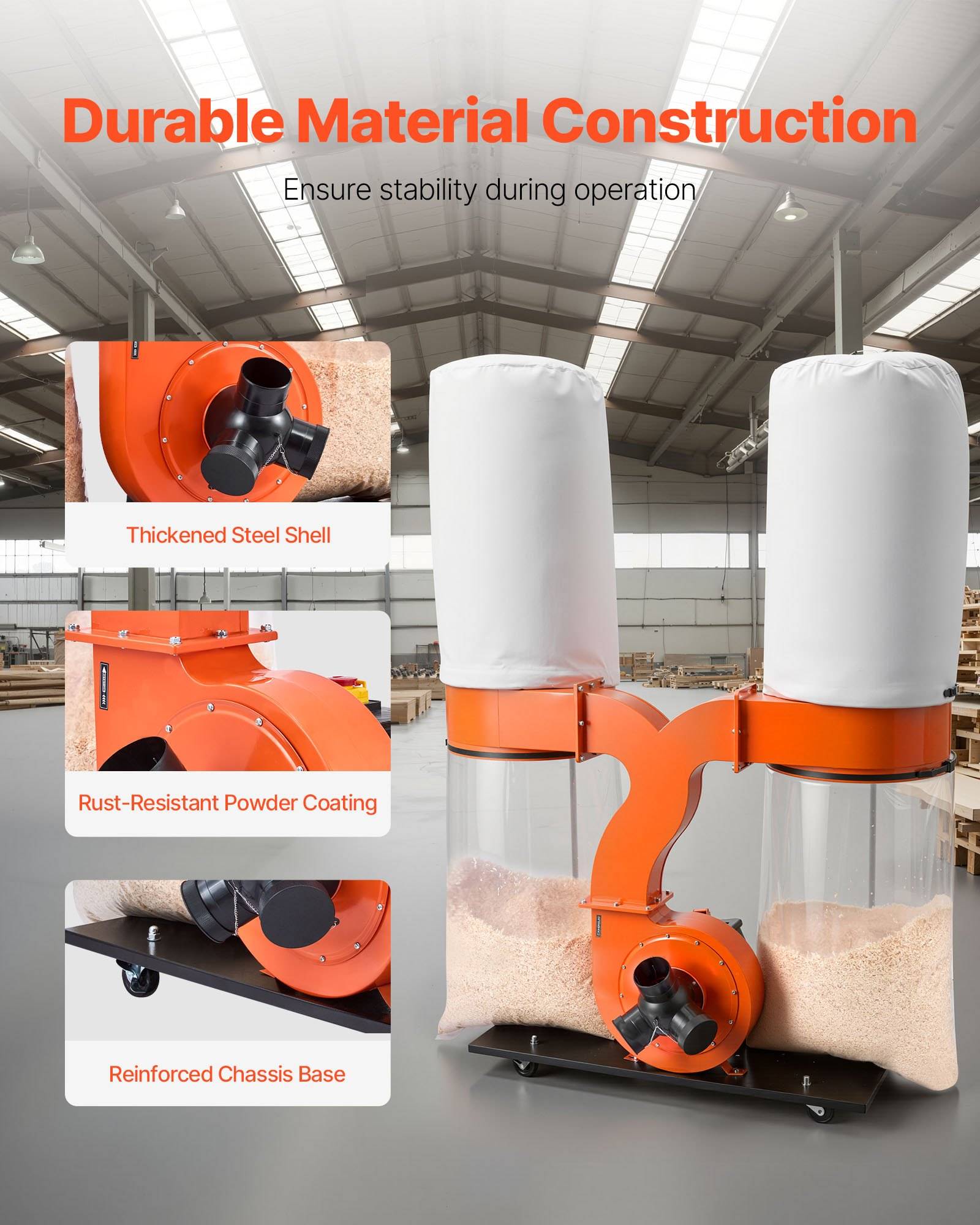 Infografik zeigt eine robuste Industriemaschine mit dem Text „Langlebige Materialkonstruktion