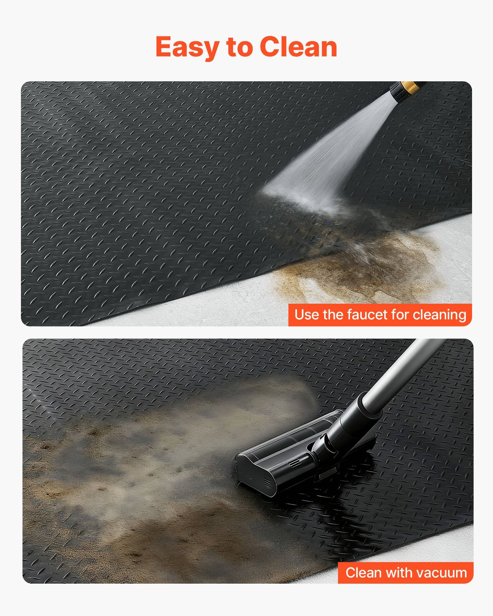 Geteiltes Bild zeigt eine strukturierte Matte, die gereinigt wird: Das obere Feld nutzt einen Wasserhahn-Sprüher, um Schmutz abzuwaschen, das untere Feld nutzt einen Staubsauger, um Staub zu entfernen.