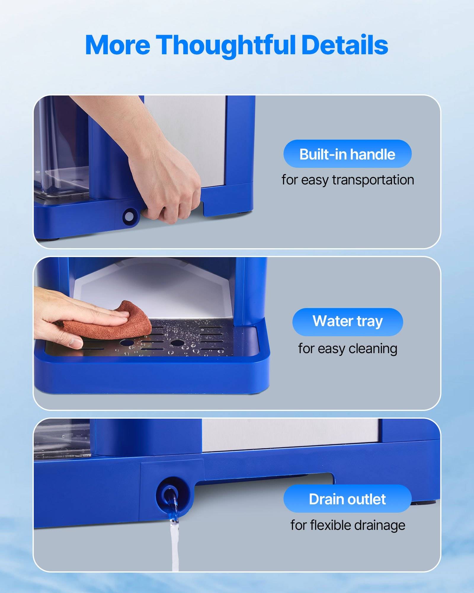 Produktmerkmal-Grafik mit einem blauen Gerät mit integriertem Griff, Wasserwanne und Ablassventil für einfache Handhabung, Reinigung und Entwässerung.