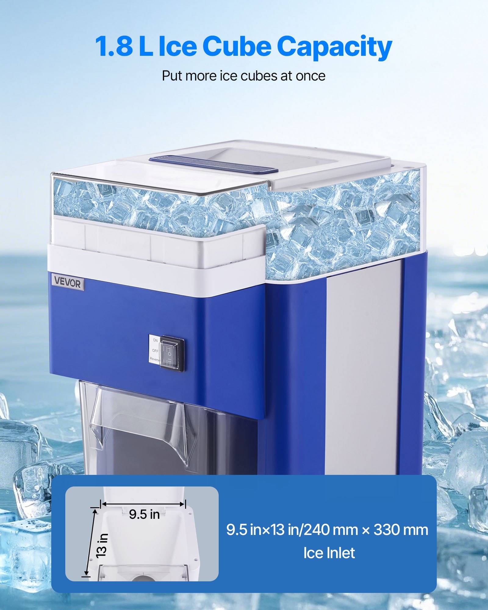 Werbebild eines VEVOR-Eismachers mit dem Text „1,8 L Eiscreme-Kapazität" und „Mehrere Eiswürfel auf einmal hinzufügen"", plus Eiszuführöffnung 9,5 x 13 Zoll / 240 x 330 mm.