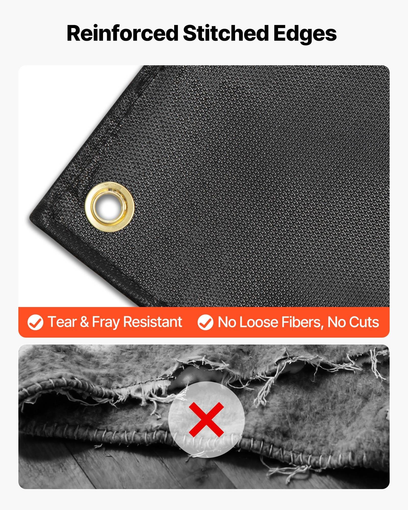Nahaufnahme eines schwarzen Stoffpanels mit Öse und gesäumter Kante mit der Bezeichnung "Verstärkte gesäumte Kanten"", die reißfestes und fransenbeständiges Material mit keine losen Fasern oder Schnitte hervorhebt.