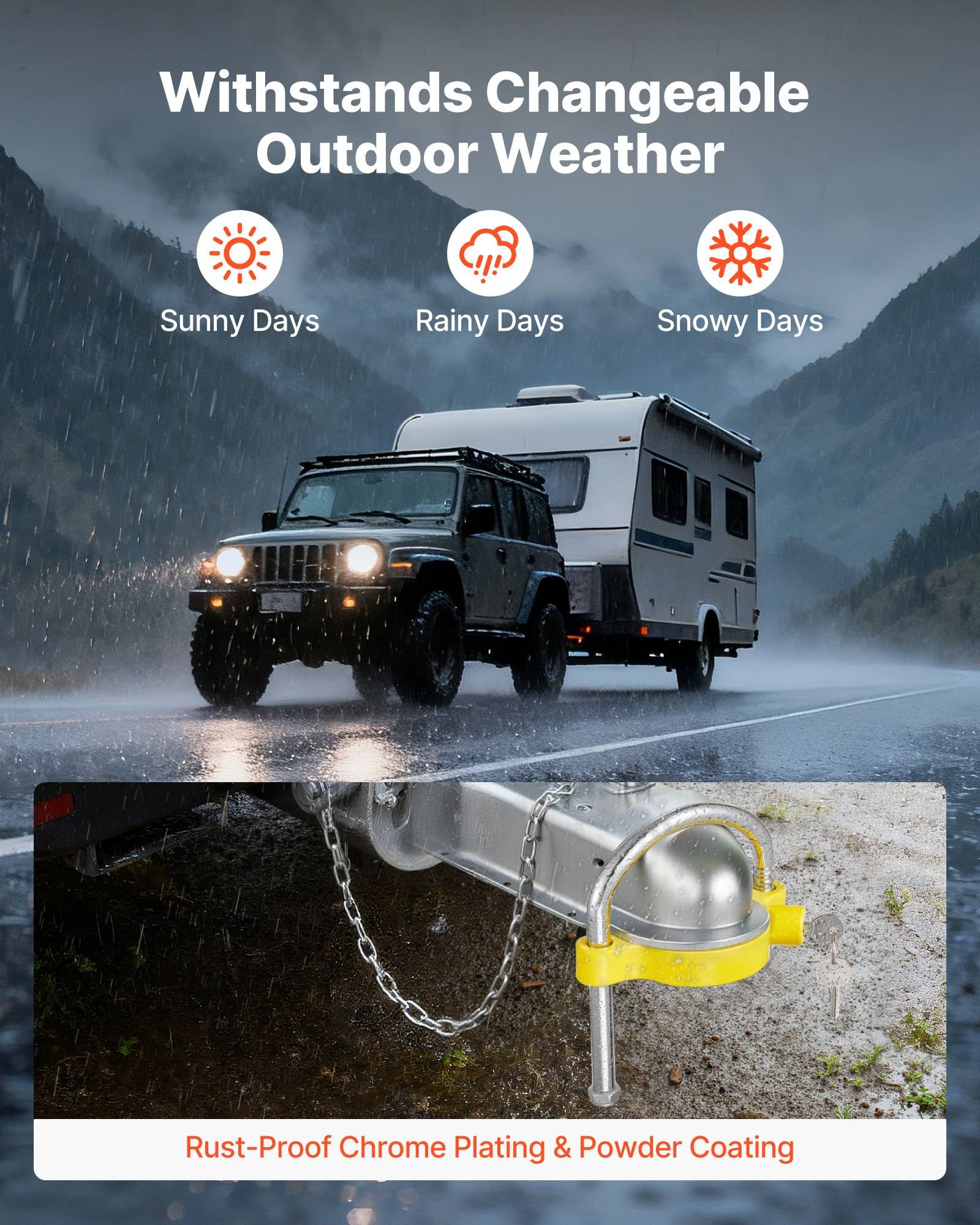 Geländewagen mit Anhänger im Regen, der Wetterbeständigkeit bei sonnigen, regnerischen und verschneiten Bedingungen bewirbt; rostfreie Verchromung und Pulverbeschichtung.