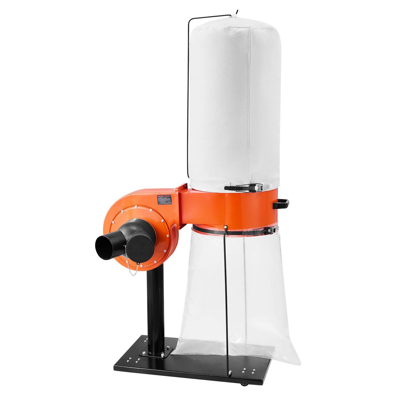 Orange-weißer Industriestaubsammler mit schwarzer Basis und seitlichem Schlauchanschluss auf weißem Hintergrund.