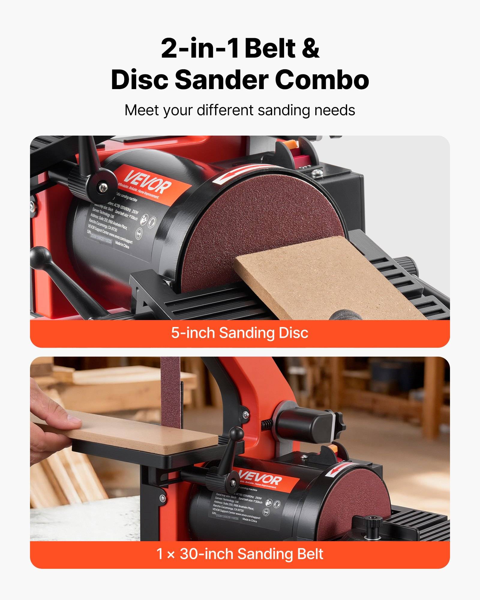 VEVOR Band-Tellerschleifer 250 W, 127 mm Tellerschleifer &amp; 25,4x762 mm Bandschleifer, mit 0-45° verstellbarem Arbeitstisch &amp; Staubabsauganschluss fü