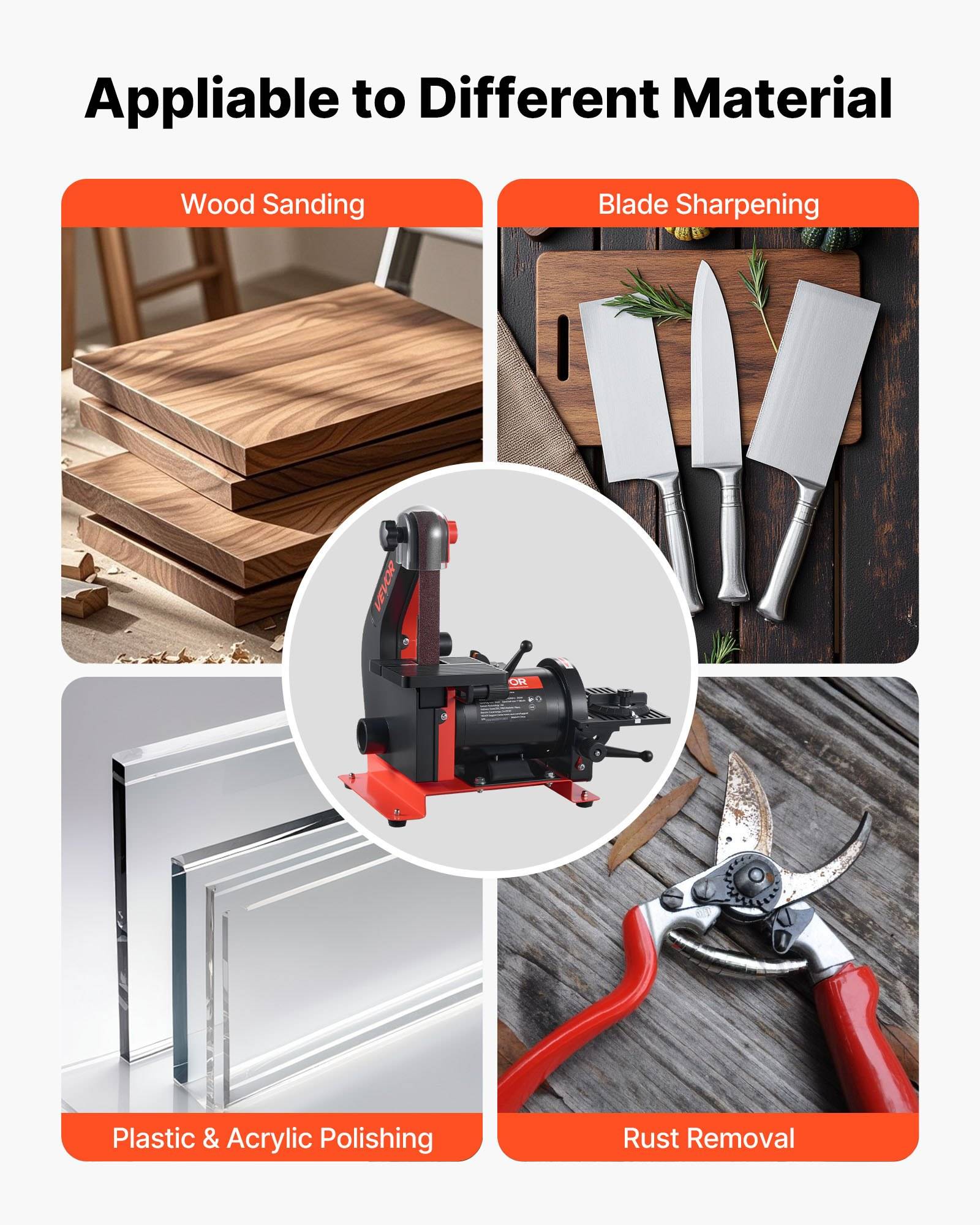 Infografik mit dem Titel „Auf verschiedene Materialien anwendbar" und einer Mehrzweckmaschine für Holzschliff, Messerschärfung, Kunststoff- und Acrylpolieren sowie Rostentfernung.