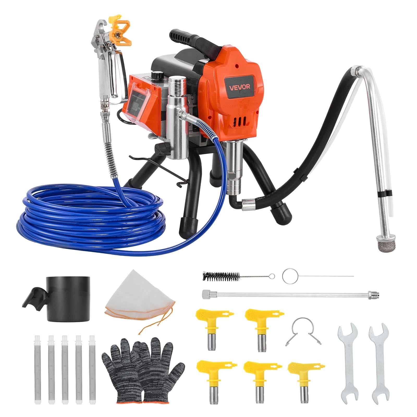 Orangefarbene Airless-Farbspritzanlage mit Schlauch, Spritzpistole, Verlängerungsstab, Düsen, Pinseln, Handschuhen und Schraubenschlüsseln auf weißem Hintergrund angeordnet.