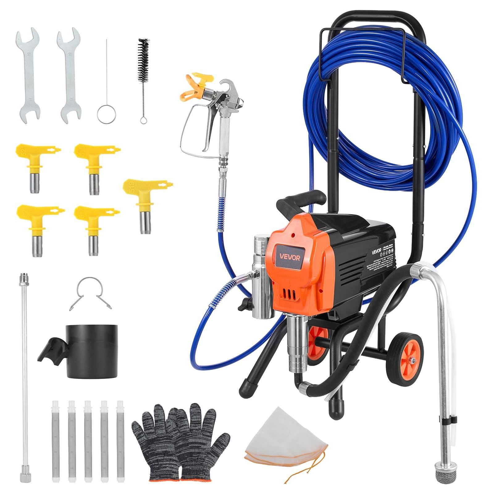 Elektrischer Farbspritzerset mit Spritzgerät auf Rädern, Schlauchhaspel, Spritzpistole, Düsen, Schraubenschlüssel, Reinigungsbürsten, Handschuhen und Zubehör auf weißem Hintergrund.