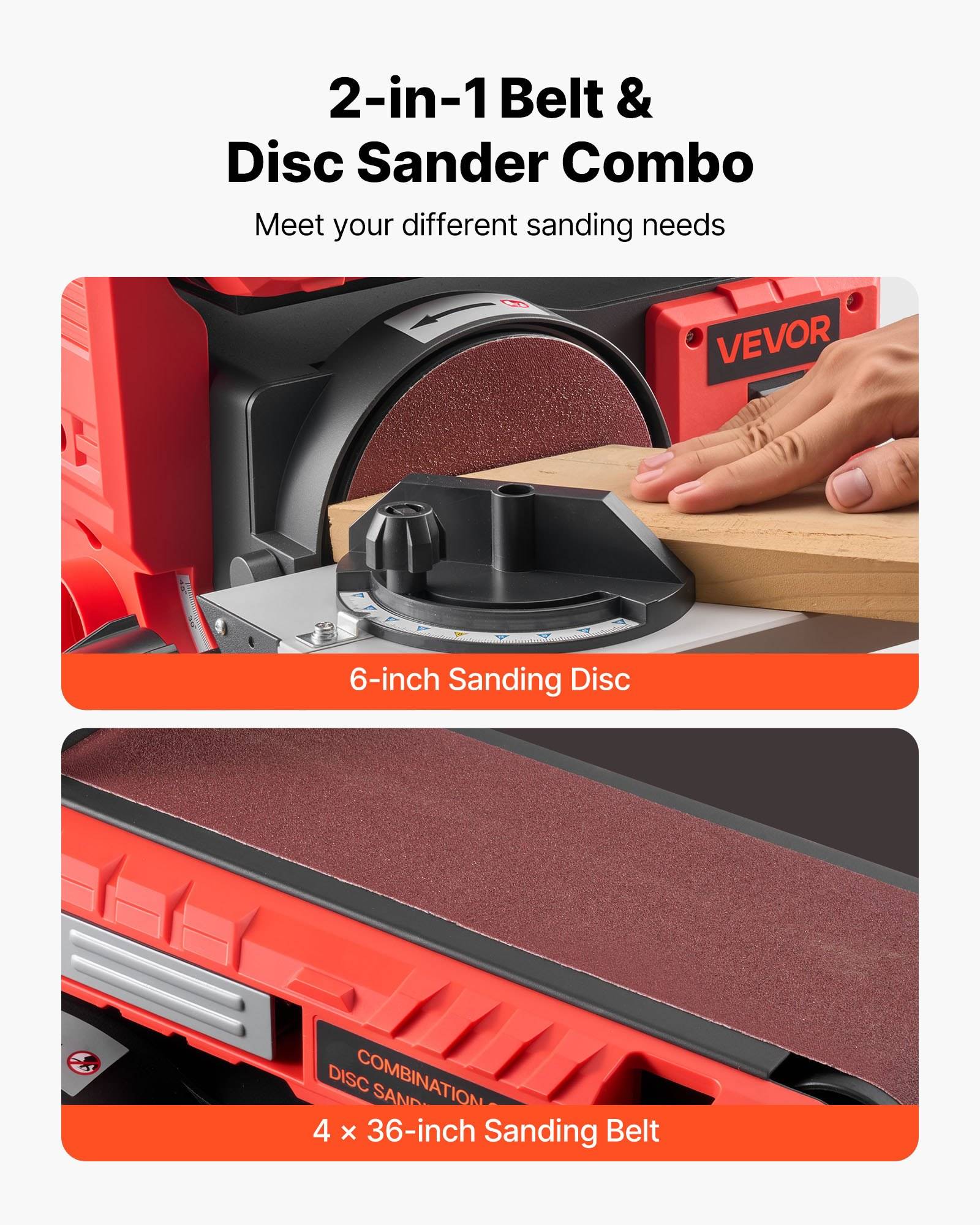 Werbegrafik für einen 2-in-1-Kombi-Band- und Schleifteller, mit einem 6-Zoll-Schleifteller und einem 4 x 36-Zoll-Schleifband.