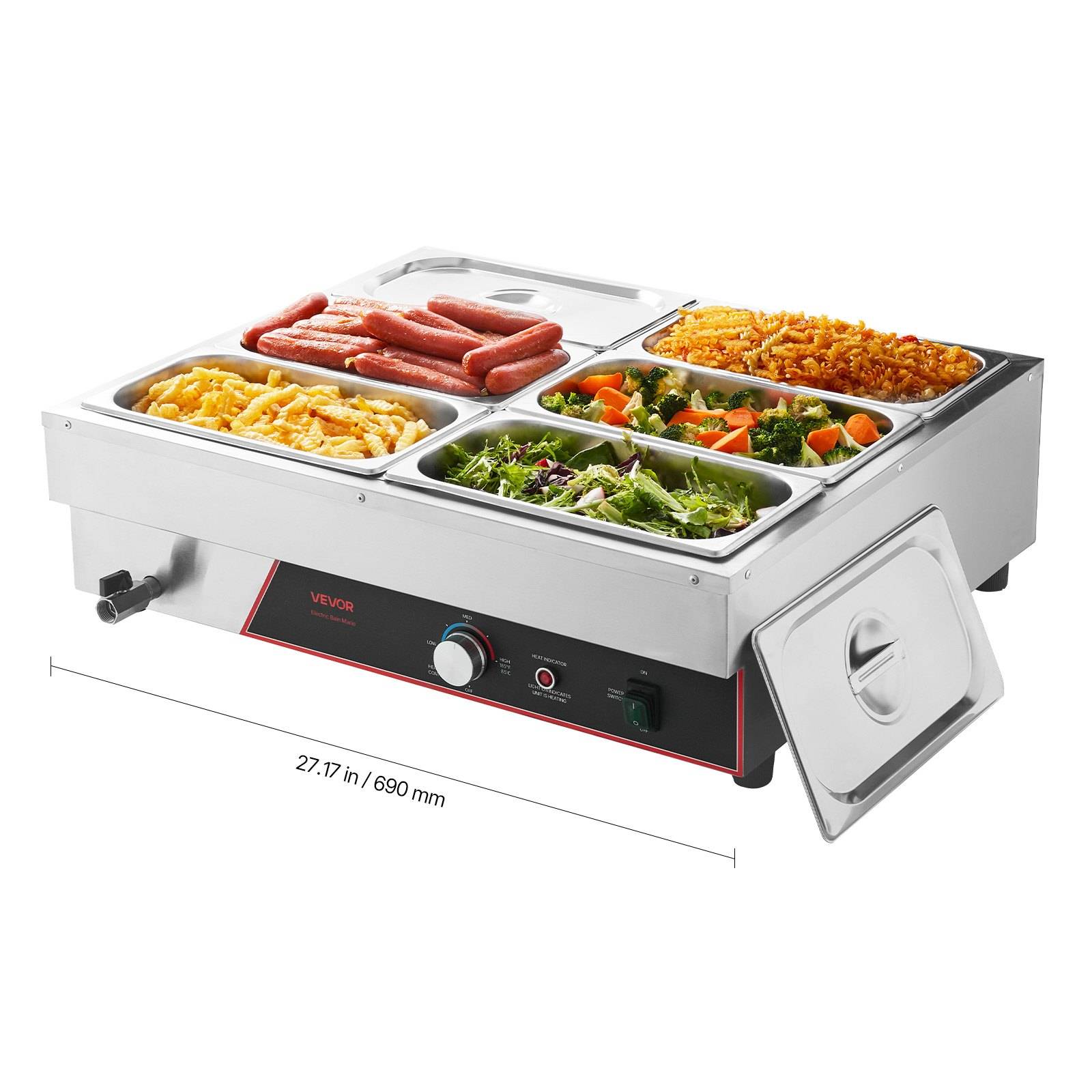Elektrischer Buffet-Speisewärmer mit fünf Edelstahlbehältern für Würstchen, Pasta, Gemüse und Salat, gezeigt mit der vorderen Bedienblende und Abmessungen.