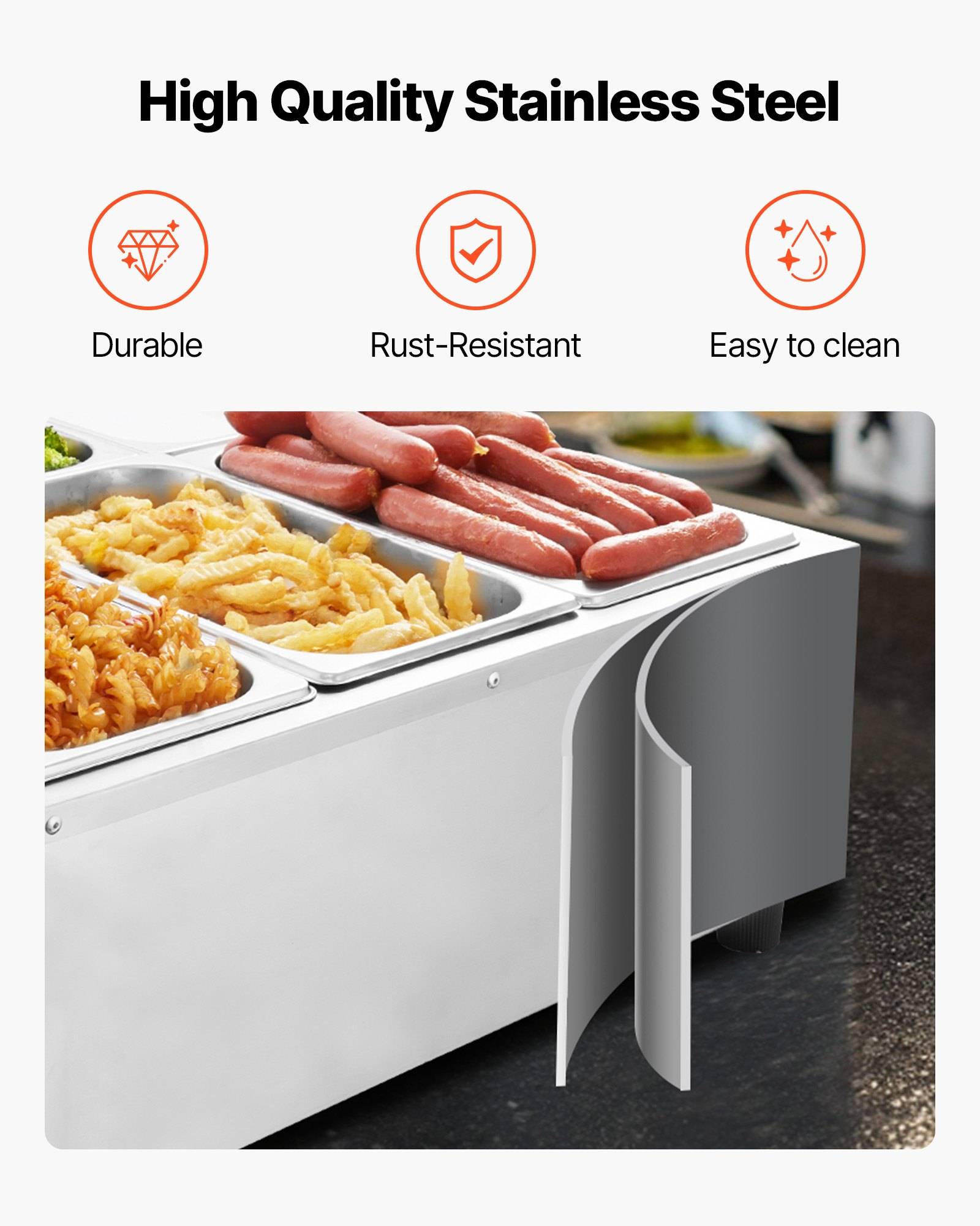 Werbebild einer Edelstahl-Speiseausgabestrecke mit Tabletts voller Pommes Frites und Würstchen, gekennzeichnet als langlebig, rostbeständig und leicht zu reinigen.