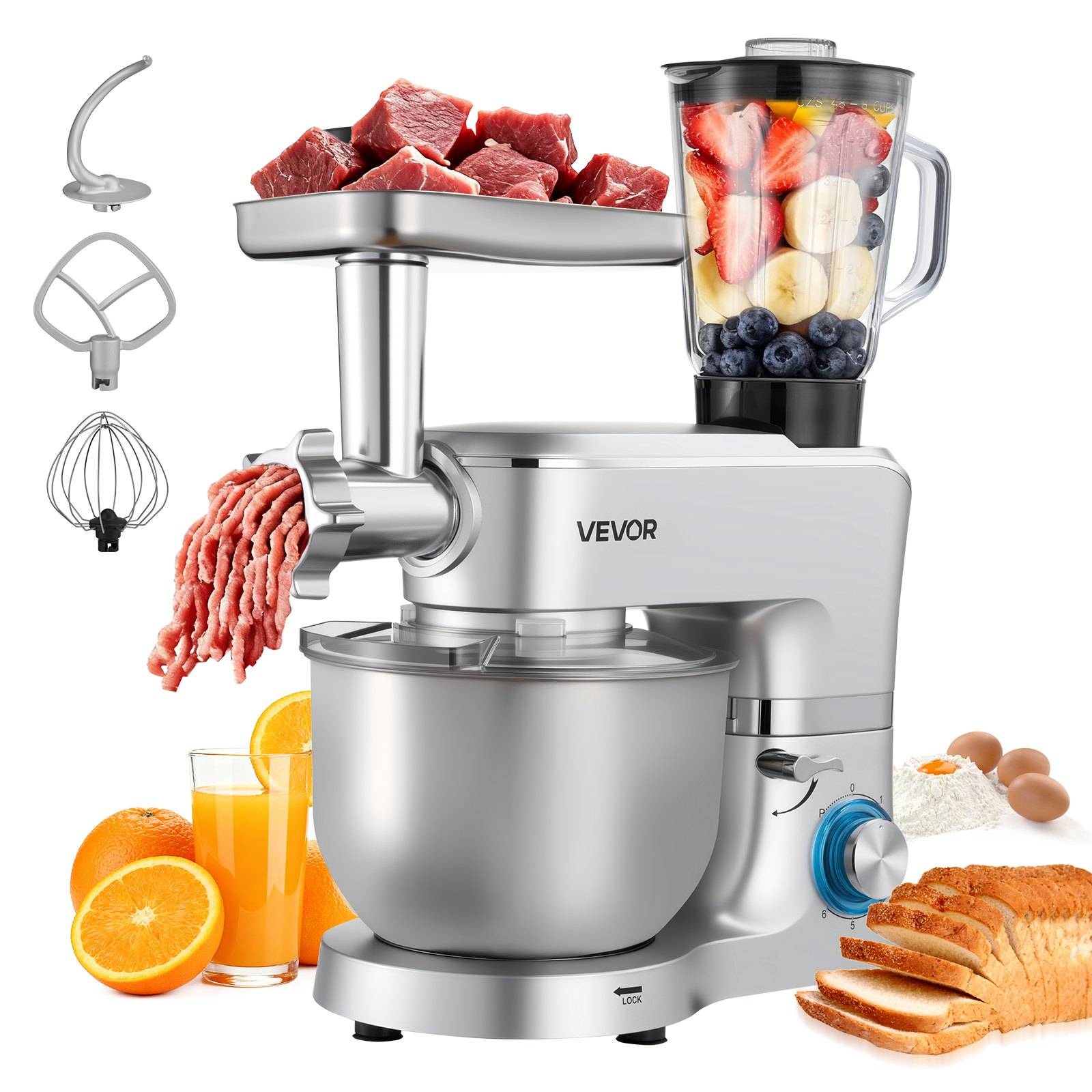 VEVOR Standmixer mit Fleischwolf und Mixer-Aufsätzen, gezeigt mit Beispielen zum Mischen von Fleisch, Obst und Teig sowie drei Zubehörwerkzeugen.