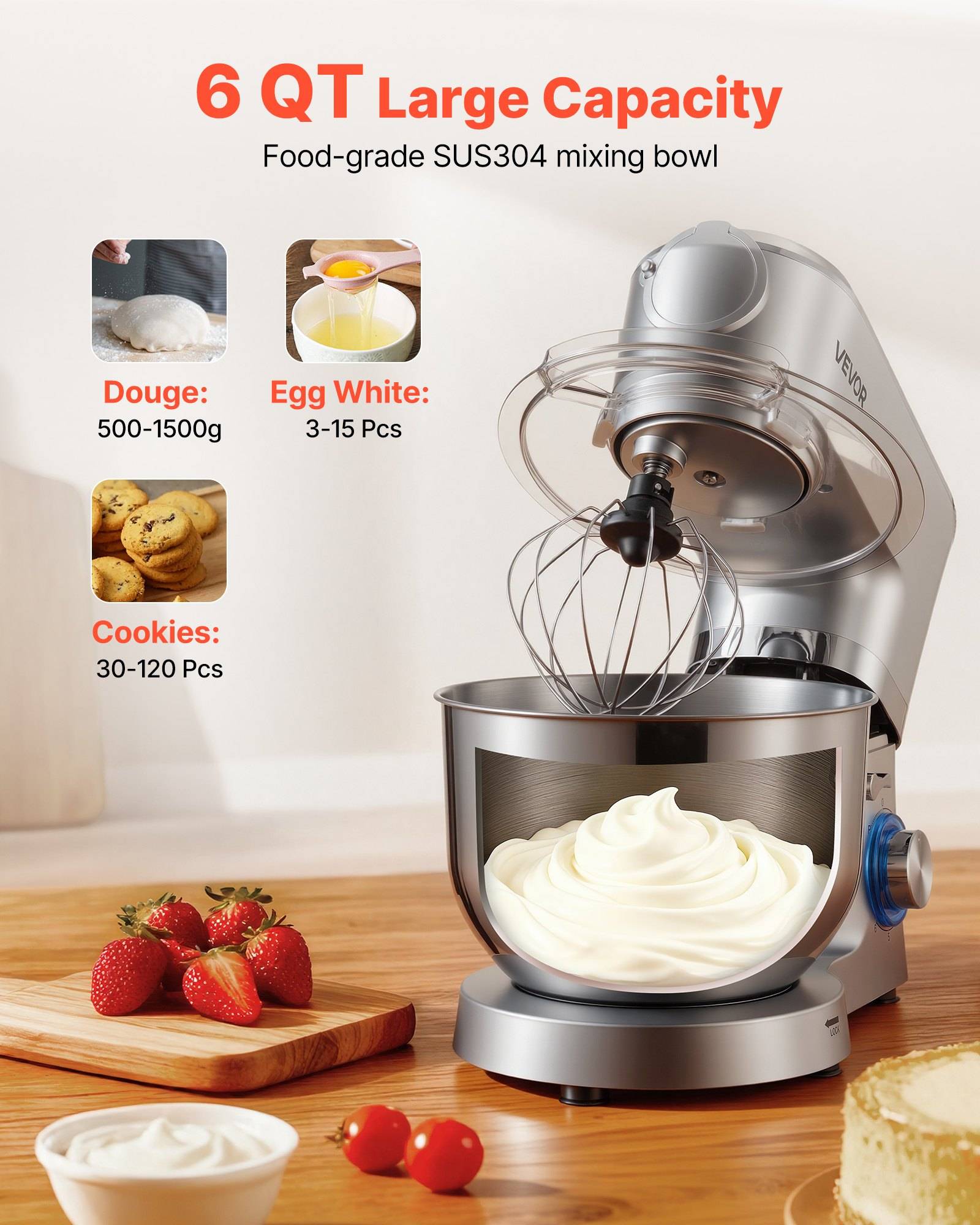 Werbefoto eines 6-Liter-Standmixers mit großem Fassungsvermögen mit Edelstahlschüssel und Schneebesen, gezeigt beim Mischen von Teig auf einer Küchentheke; der Text hebt die Kapazitäten für Teig, Eiweiß und Keksteig hervor.