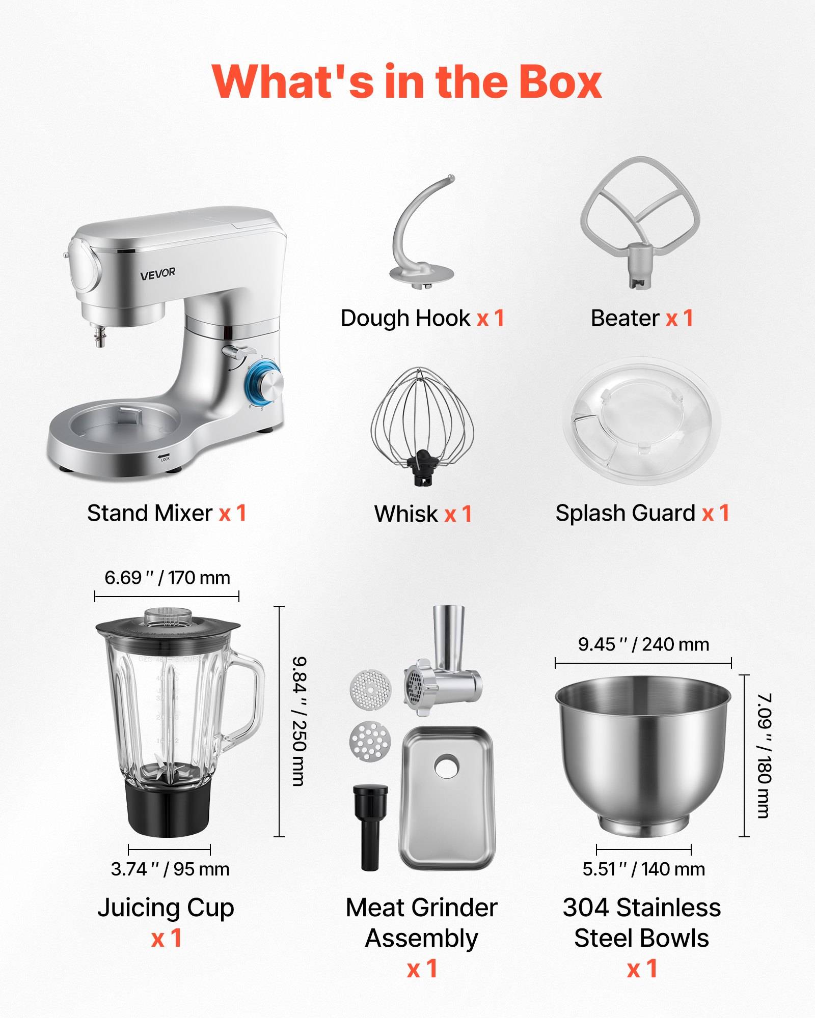 Produktinhalt-Infografik für einen Standmixer: Mixer, Knethaken, Rührer, Schneebesen, Spritzschutz, Entsaftungstasse, Fleischwolf-Bausatz und 304-Edelstahlschüssel mit Abmessungen.