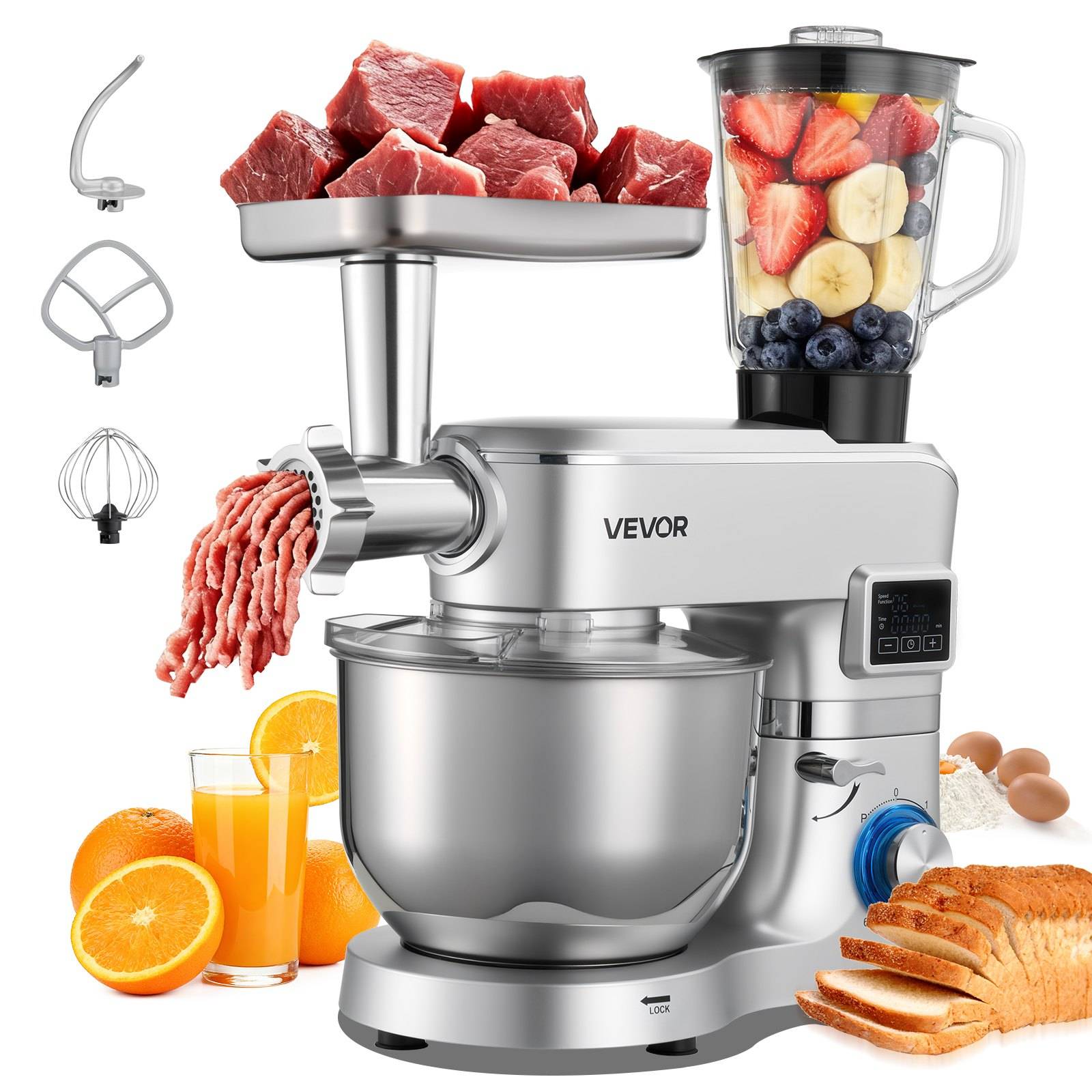 VEVOR Küchenmaschine mit Fleischwolf, Mixer und drei Aufsätzen, zeigt Teig, Hackfleisch, Obst, Saft, Eier und Brot, um mehrere Küchenfunktionen zu veranschaulichen.