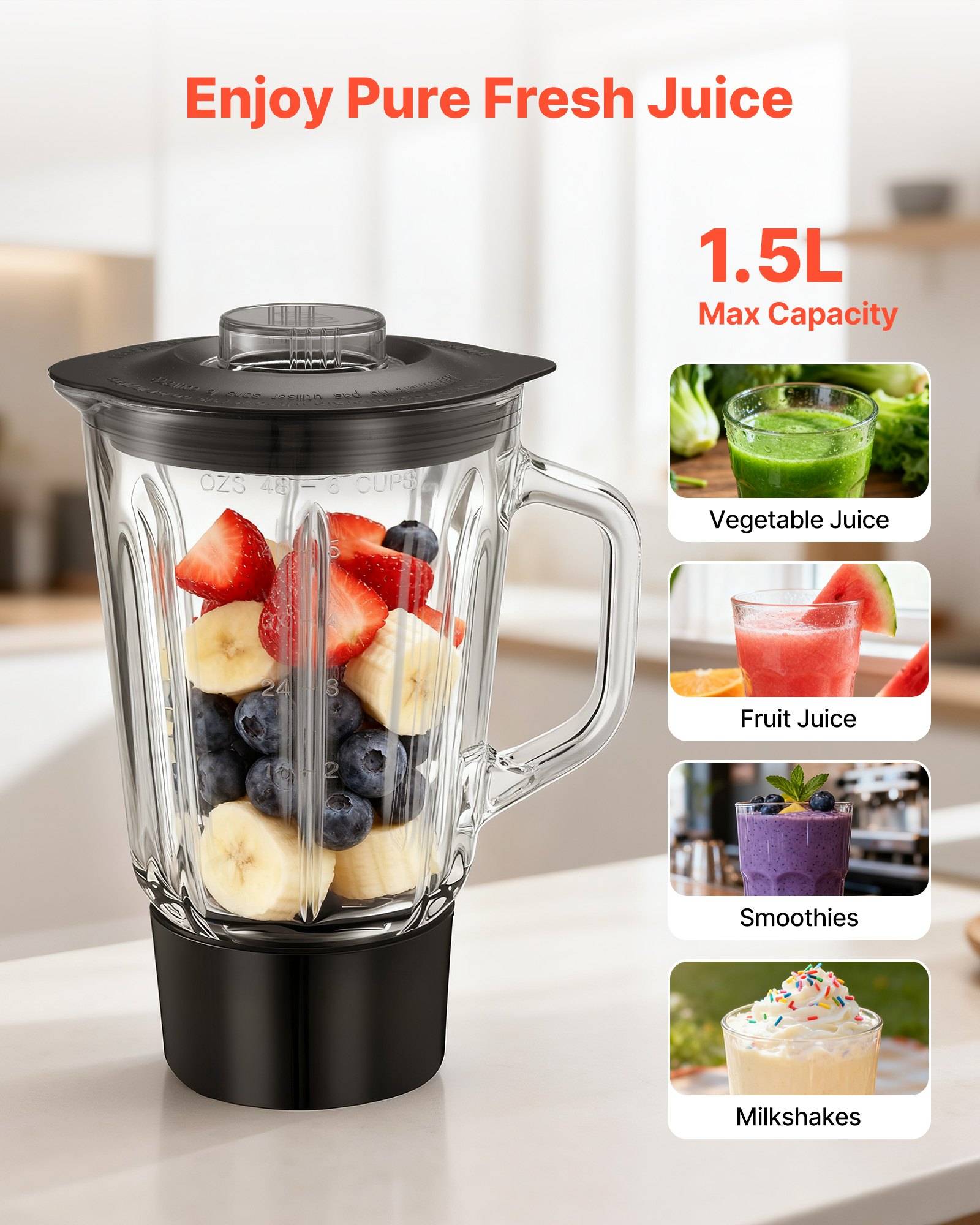 Werbebild eines 1,5-L-Mixer-Glases gefüllt mit Obst; der Text besagt „Genießen Sie reinen frischen Saft" und zeigt Anwendungen für Gemüsesaft, Fruchtsaft, Smoothies und Milchshakes.
