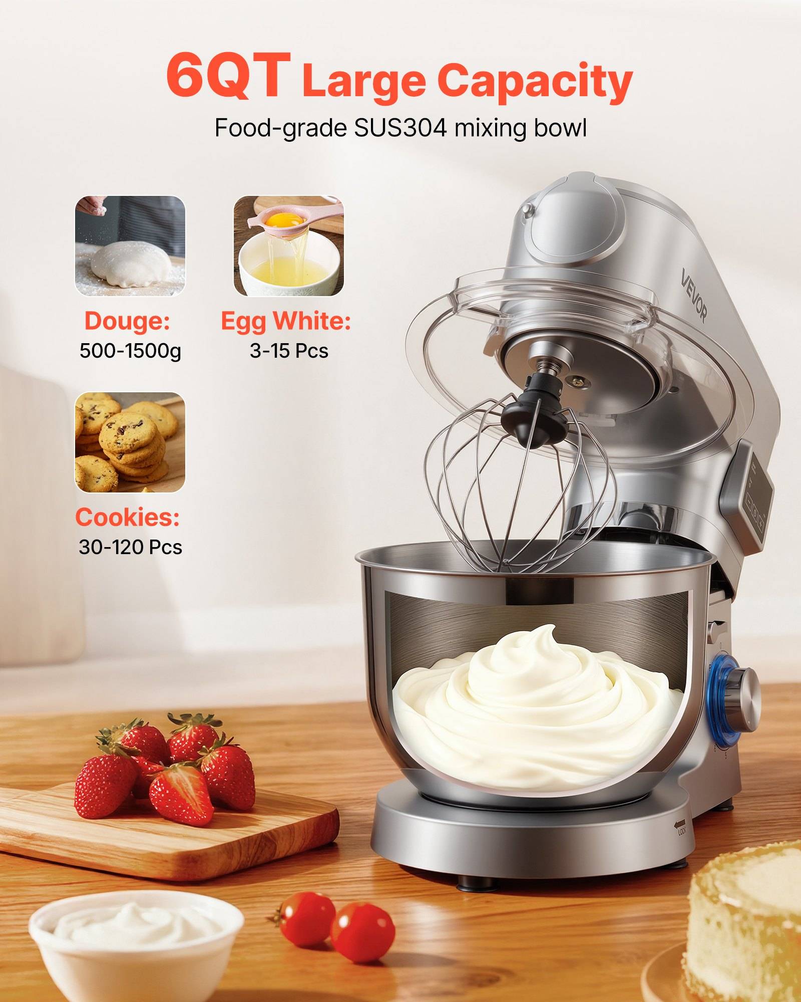 Werbeabbildung eines 6-Liter-Standmixers mit Edelstahlschüssel und Schneebesen, gekennzeichnet für Teig, Eiweiß und Kekse, gezeigt mit Erdbeeren und Backwaren.