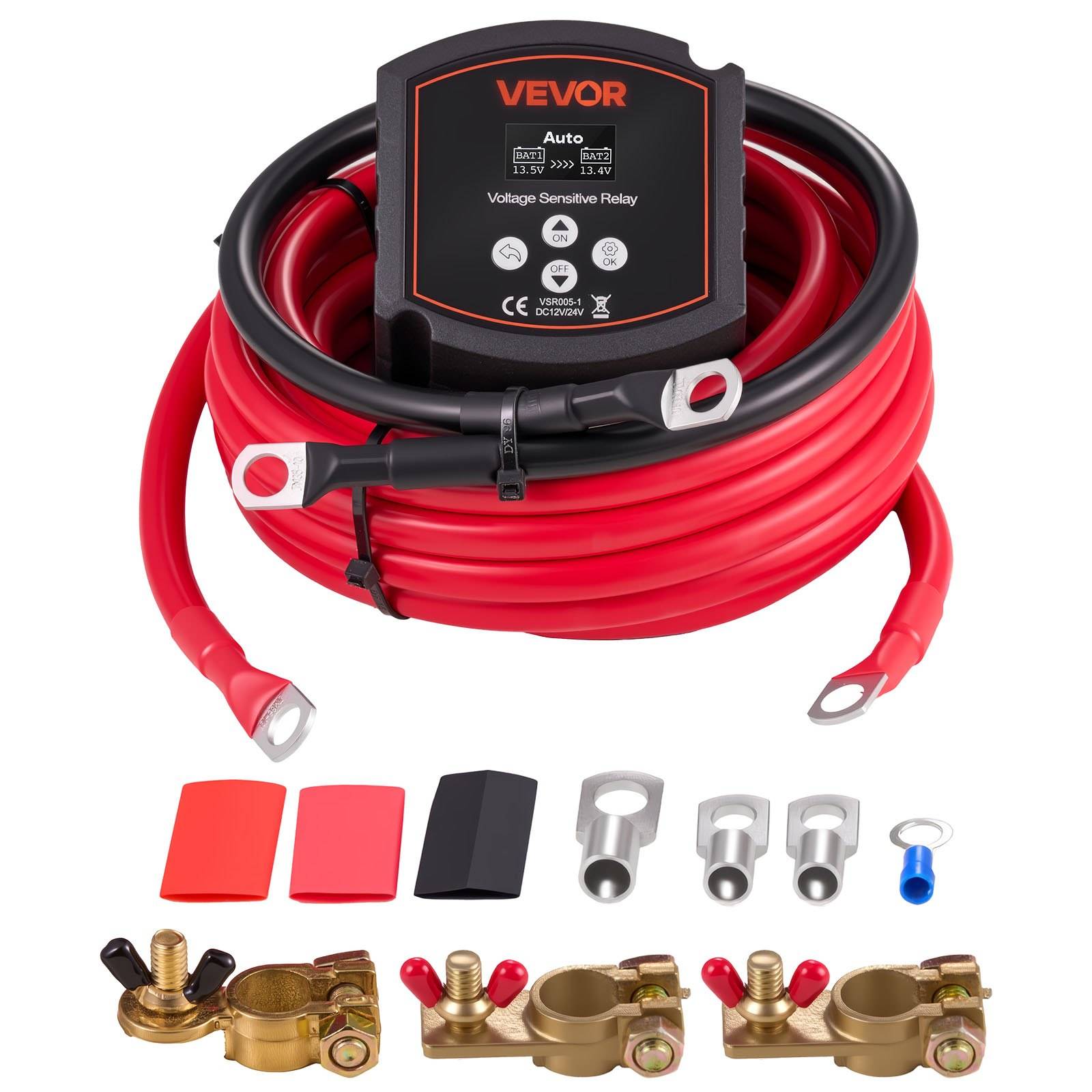 VEVOR Spannungsempfindliches Relais mit aufgerolltem rotem Stromkabel, Batterieanschlüssen und Steckerzungen für Doppelbatterie-Ladesystem.
