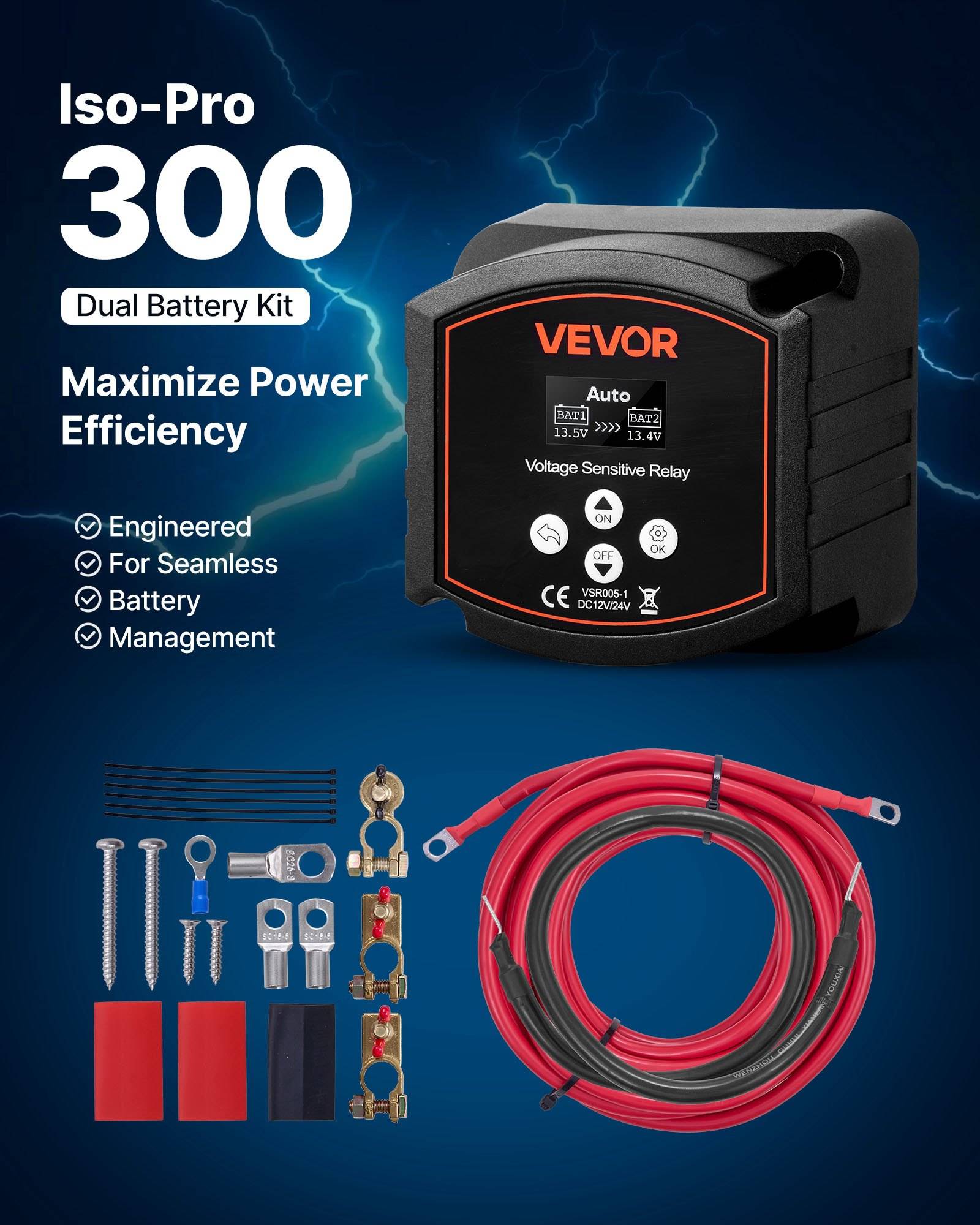 Werbebild für das VEVOR Iso-Pro 300 Dual-Batterie-Set, das ein spannungsempfindliches Relais, Verkabelungskabel, Stecker und Befestigungsmaterial zeigt, mit dem Text „Stromeffizienz maximieren".