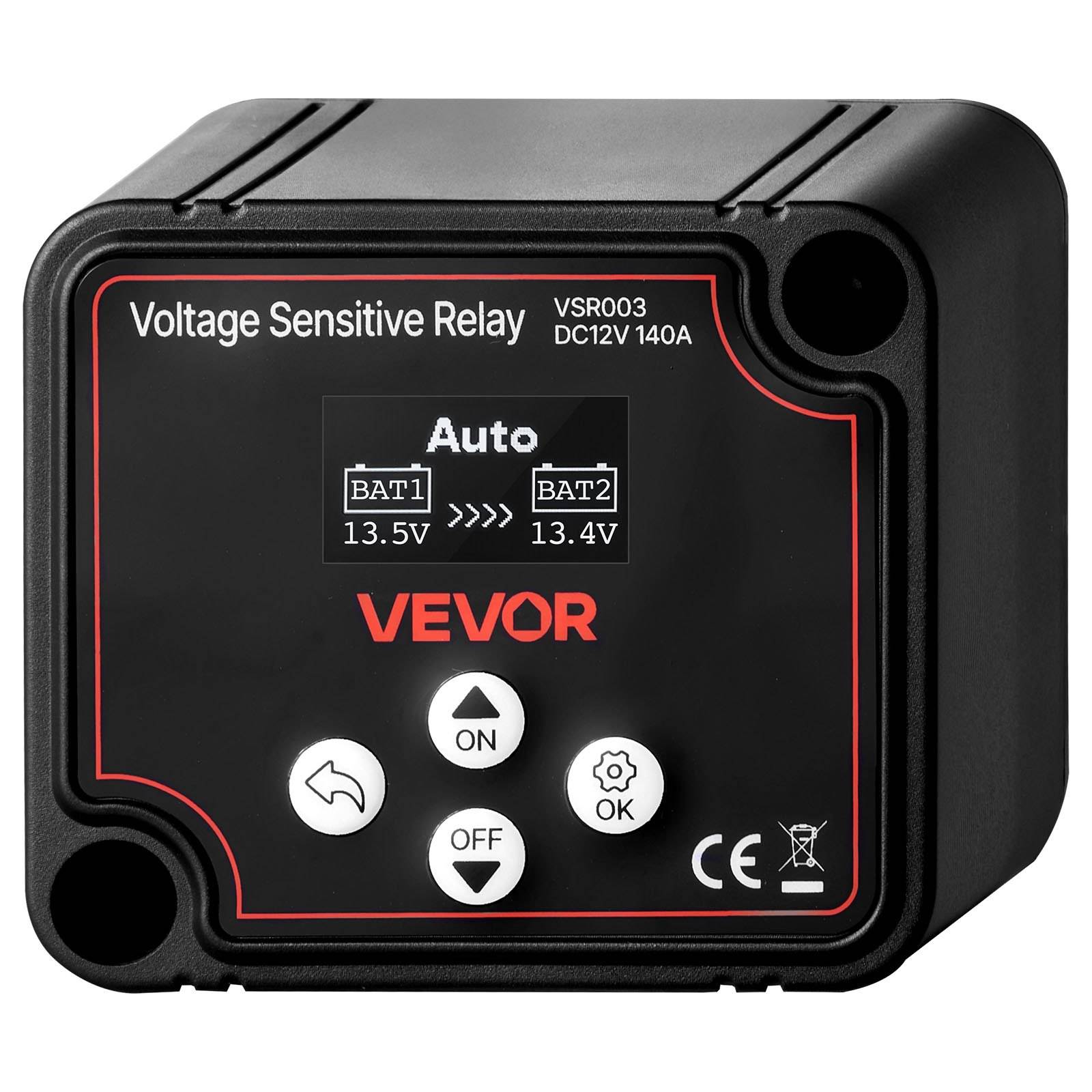 Schwarzes VEVOR-Spannungsempfindliches Relaisgerät mit Bezeichnung VSR003 DC12V 140A, zeigt automatische Batterieumschaltung von BAT1 13,5V zu BAT2 13,4V mit EIN/AUS- und OK-Tasten.