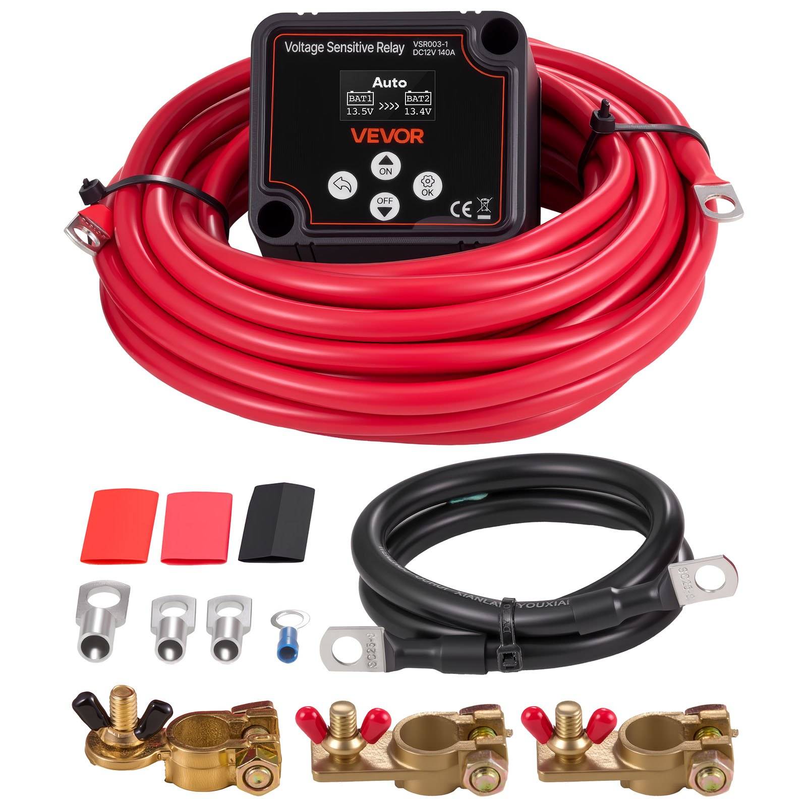 Rotes VEVOR-Spannungsempfindliches Relais mit gewickelten Kabeln und verschiedenen Batteriepolklemmen für elektrische Verkabelung