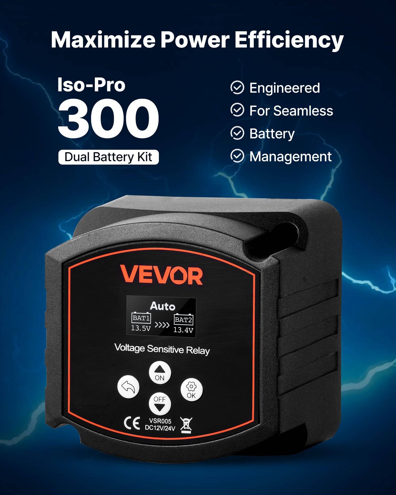 Werbebild eines VEVOR Iso-Pro 300 Dual-Batterie-Sets mit der Beschriftung „Stromeffizienz maximieren" und „Entwickelt für nahtlose Batterienverwaltung"", das das Batterie-Relais-Gerät zeigt.