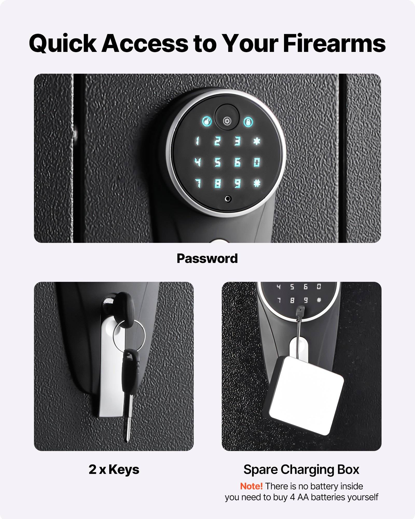 Waffenschrank mit beleuchtetem Tastaturschloss, zeigt Passwort-Zugriff, 2 Schlüssel und eine Ersatz-Ladebox mit Hinweis, dass keine Batterie enthalten ist.