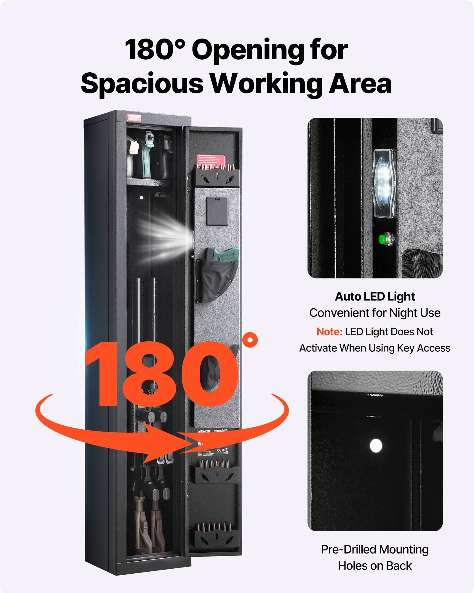 Hoher schwarzer Wandspeicherschrank, der sich 180 Grad öffnen lässt für einfachen Zugriff, mit automatischem LED-Licht und vorgebohrten Montagelöchern, die in vergrößerten Detailaufnahmen gezeigt werden.
