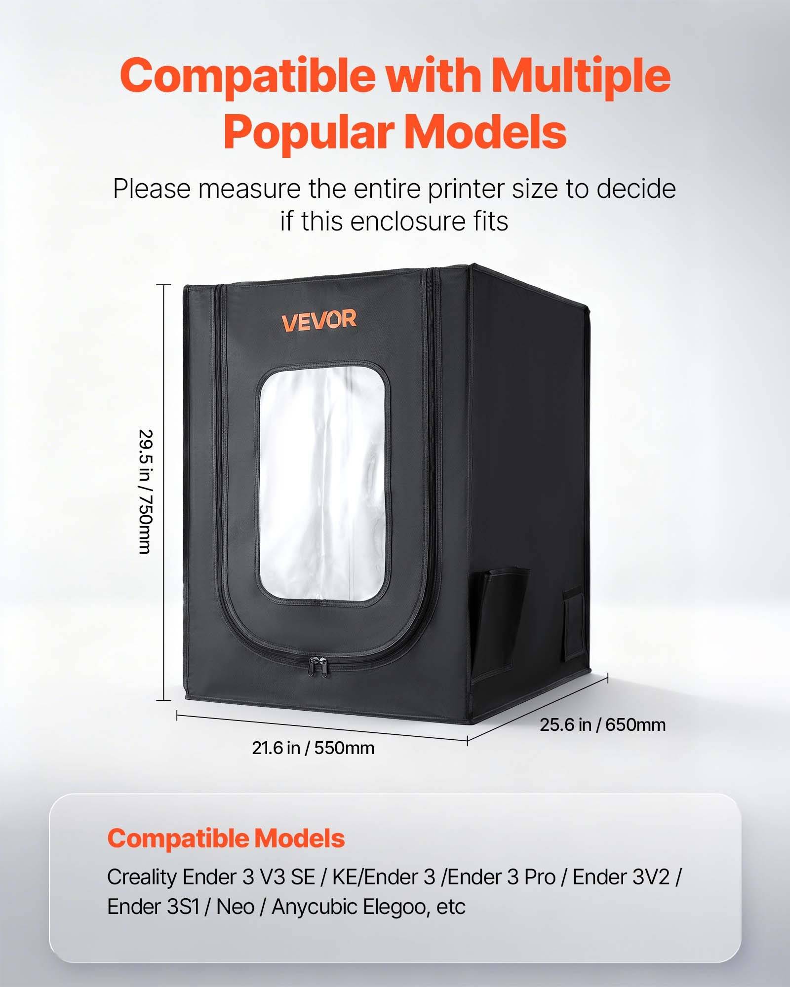 # VEVOR 3D-Druckergehäuse mit den Abmessungen 29,5 x 25,6 x 21,6 Zoll und Text "Kompatibel mit mehreren beliebten Modellen"" sowie einer Liste kompatibler Drucker.