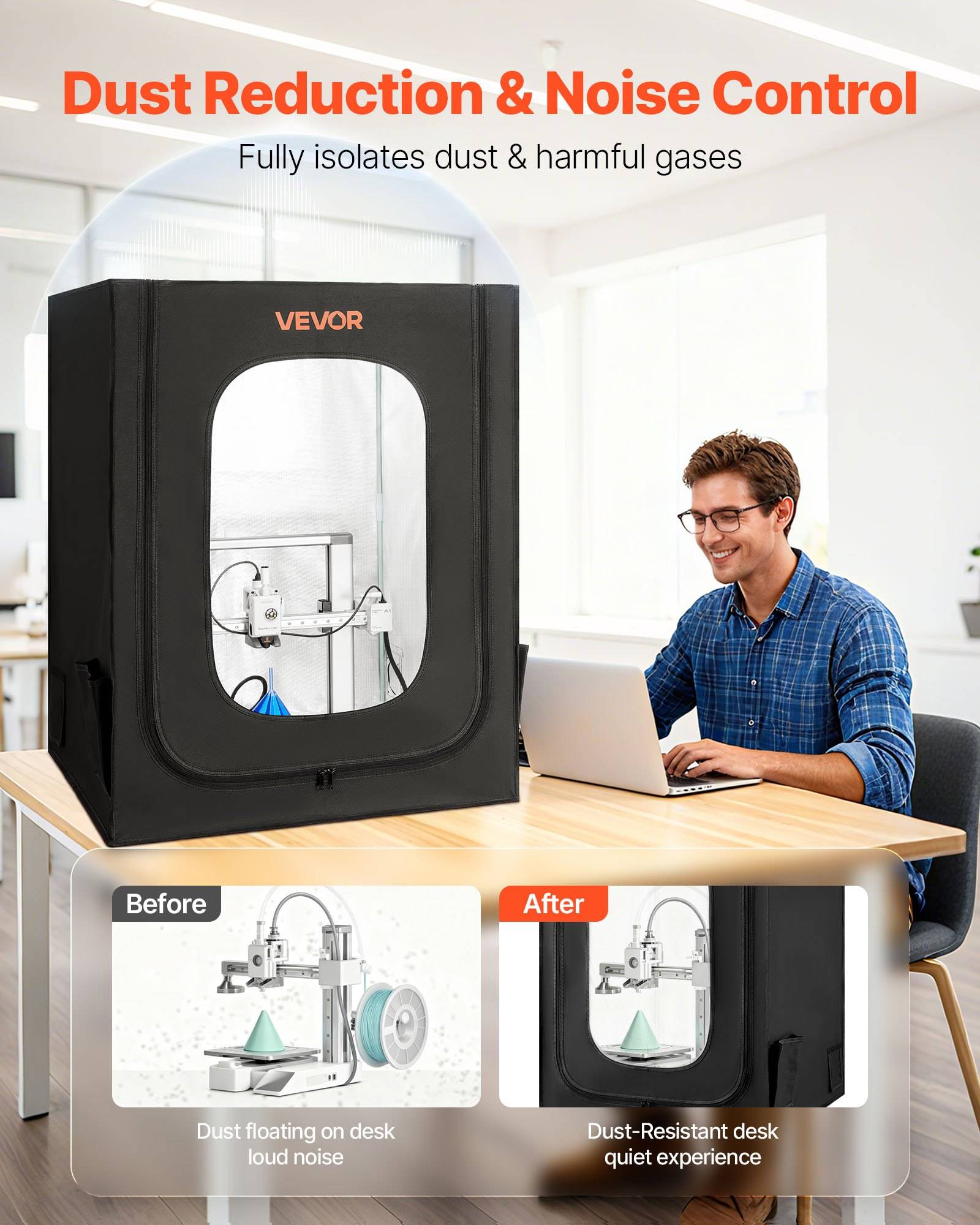 Werbebild einer VEVOR-Gehäuseverkleidung für 3D-Drucker mit der Bezeichnung 
