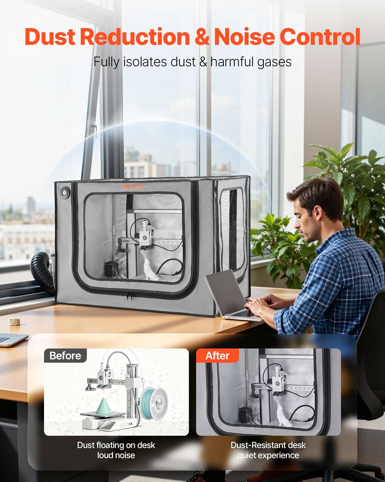 Werbebild eines geschlossenen Desktop-3D-Druckers auf einem Schreibtisch, mit dem Text „Staubreduktion & Lärmschutz" und „Isoliert Staub & schädliche Gase vollständig,"" mit Vorher-Nachher-Darstellung der Staub- und Lärmreduktion.