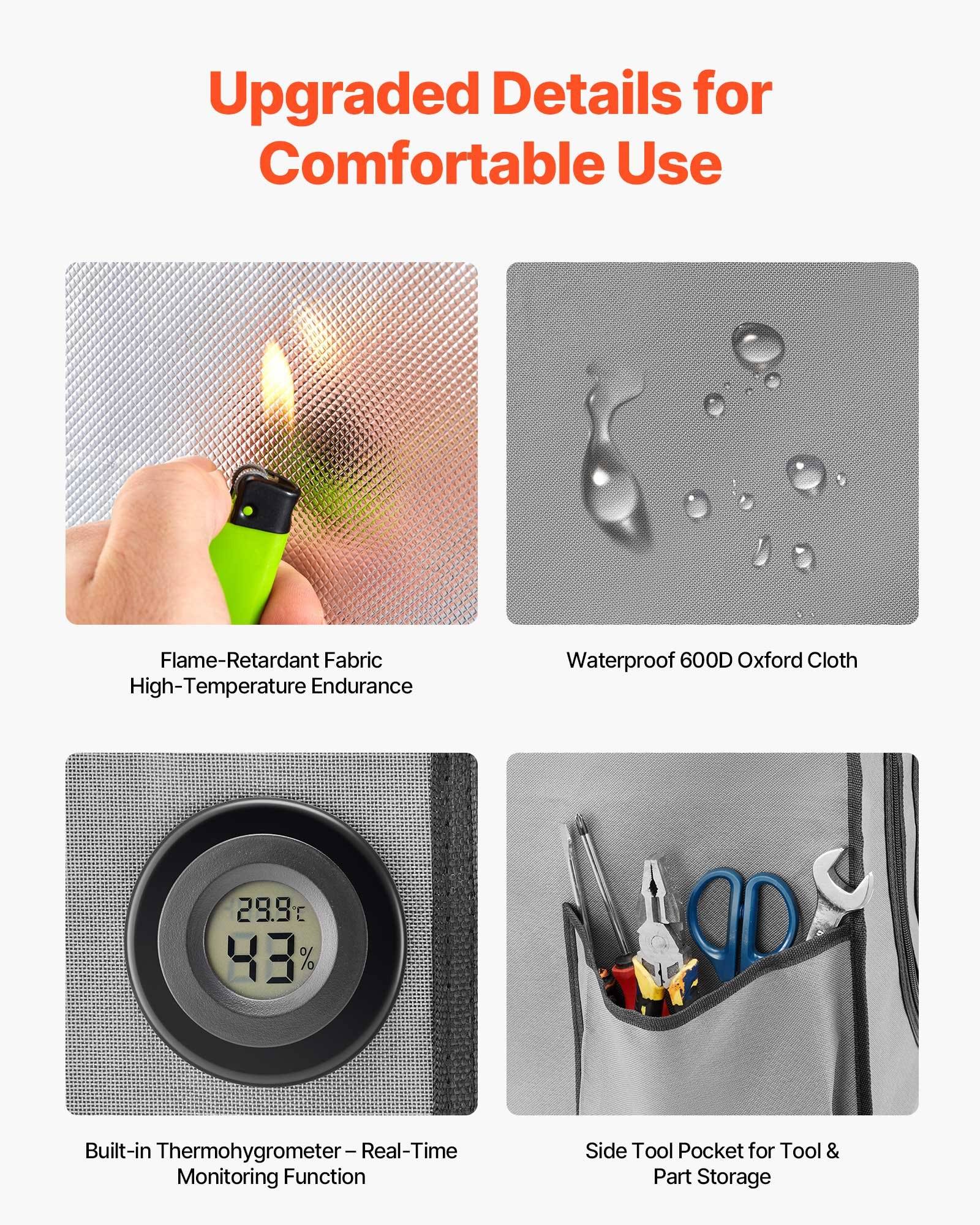 Infografik mit dem Titel "Verbesserte Details für komfortable Nutzung"" mit vier Funktionen: flammenhemmendes Gewebe, wasserdichter 600D Oxford-Stoff, eingebautes Thermometer und seitliche Werkzeugtasche.